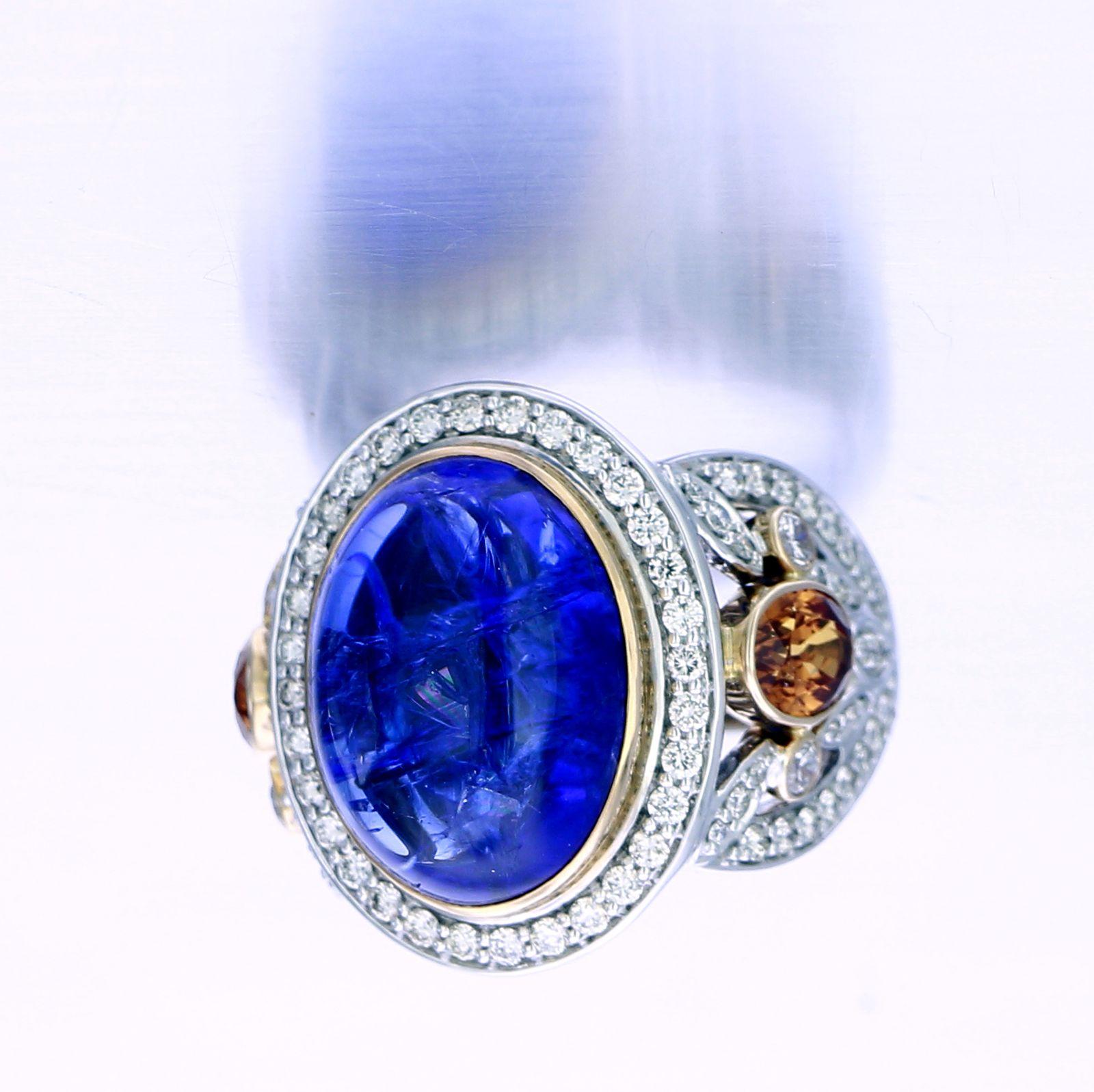 Zorab Kreation, Blauer Vogel 15 Karat Tansanit, Diamant und Spessartit Granat Ring (Art nouveau) im Angebot