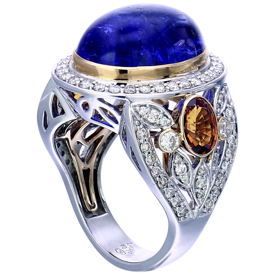 Zorab Creation, Bluebird 15 Carat Tanzanite, Diamond and Spessartite Garnet Ring For Sale