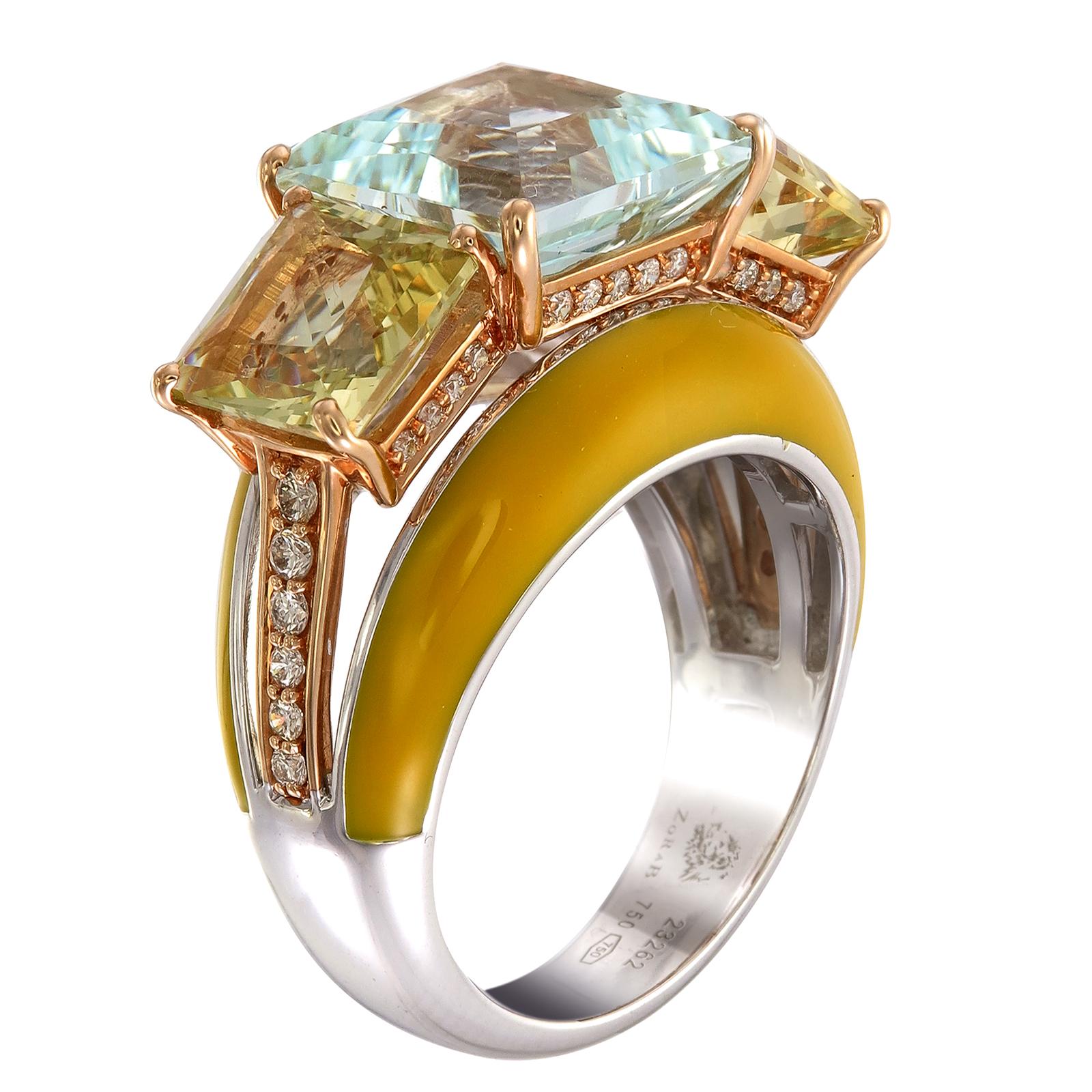 For those who want to make a statement, a 5.35-carat cushion-cut Aquamarine Beryl is flanked by two cushion-cut Yellow Beryls on a 18K Yellow Gold and Palladium ring. An added touch of yellow enamel completes the jewel.

This ring, as with all Zorab