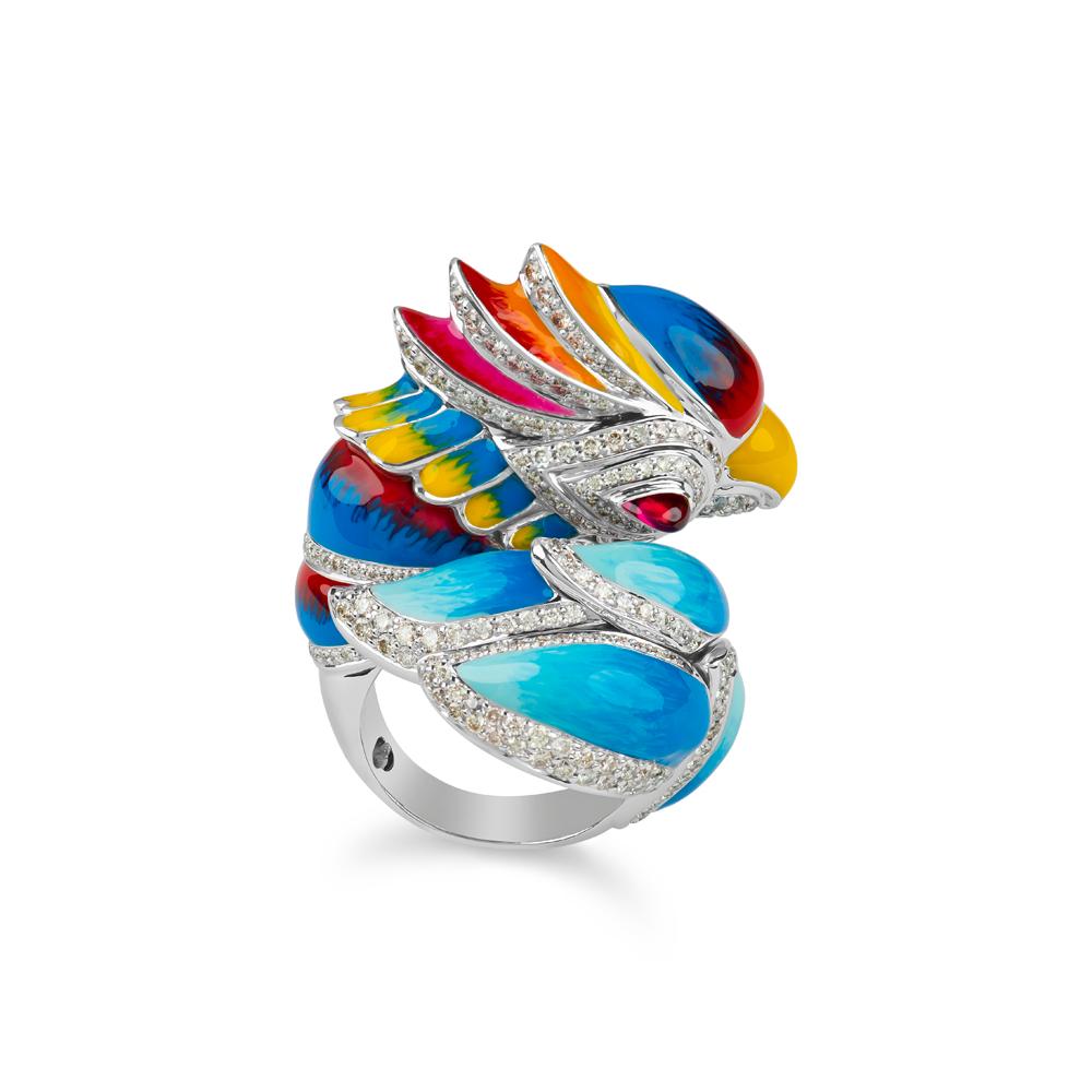 Primary colors softly feather into this playful and boldly elegant Baby Parrot ring, a Zorab Creation.

Artfully blended, rich enamel pigments mimic our tropical feathered friends, while 3.13 carats of white diamonds envelope this stunning statement