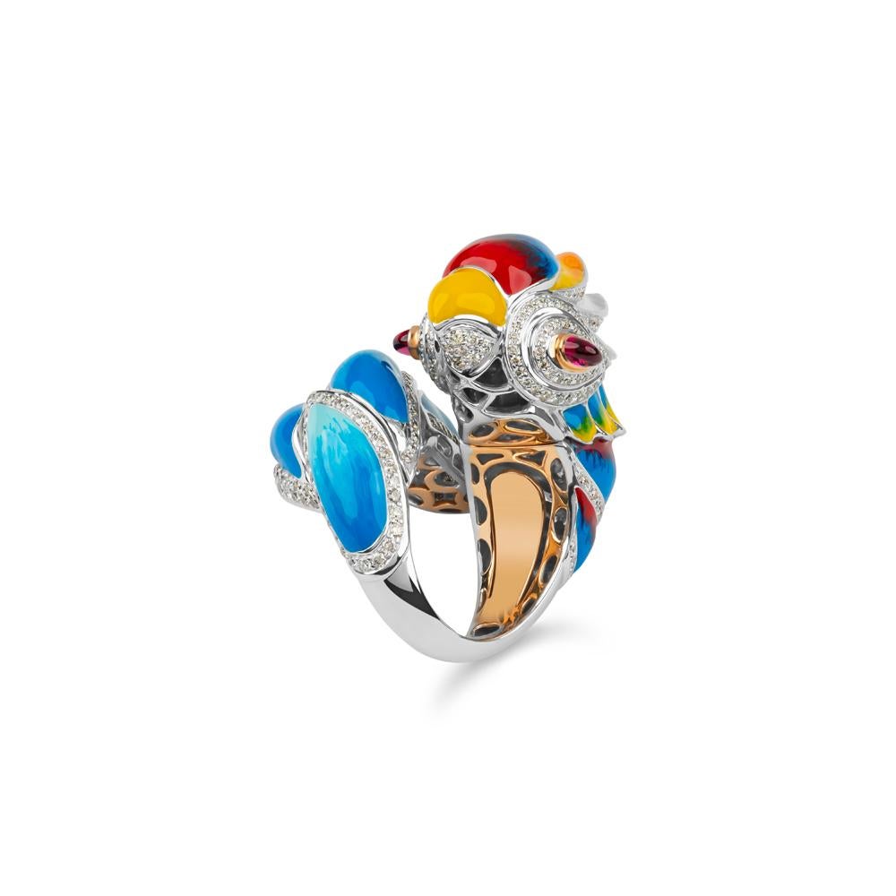 Modernist Zorab Creation Diamond and Red Sapphire Enamel Parrot, 18K Cocktail  Ring