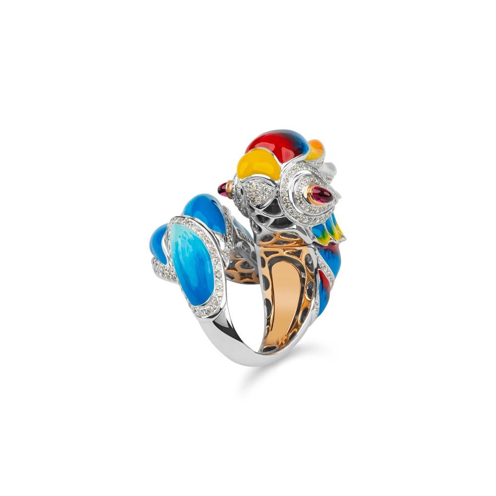 Modernist Zorab Creation Diamond and Red Sapphire Enamel Parrot, 18K Cocktail  Ring 