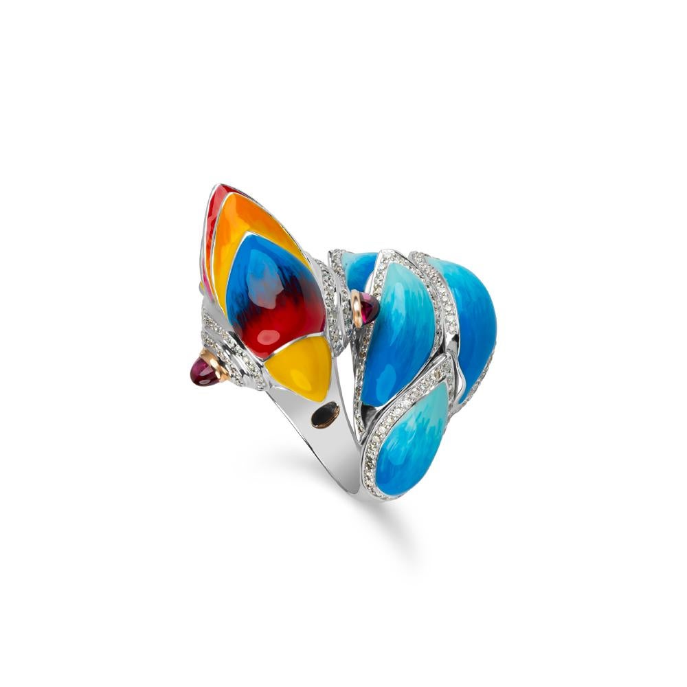 Women's or Men's Zorab Creation Diamond and Red Sapphire Enamel Parrot, 18K Cocktail  Ring 