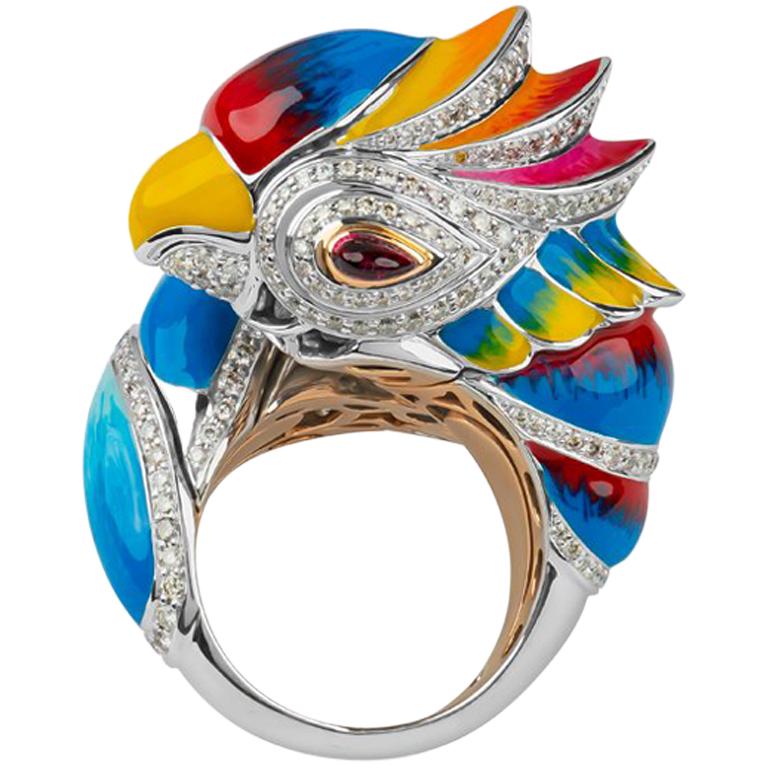 Zorab Creation Diamond and Red Sapphire Enamel Parrot, 18K Cocktail  Ring 