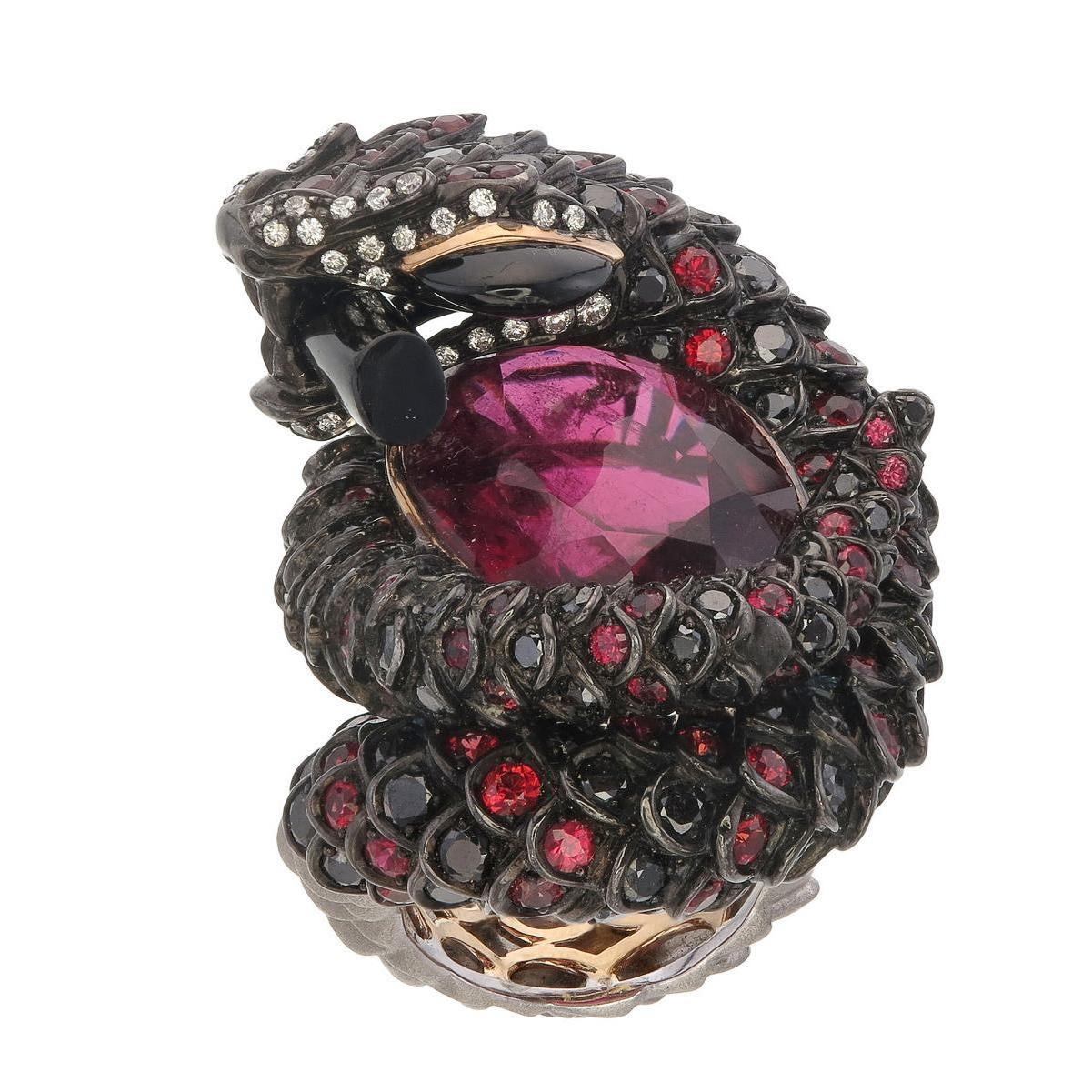 Aesthetic Movement Zorab Creation Elegance Meets Serpent Embraced in 22.38 Carat Rubellite Ring  For Sale