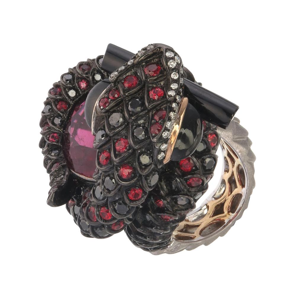 Round Cut Zorab Creation Elegance Meets Serpent Embraced in 22.38 Carat Rubellite Ring  For Sale