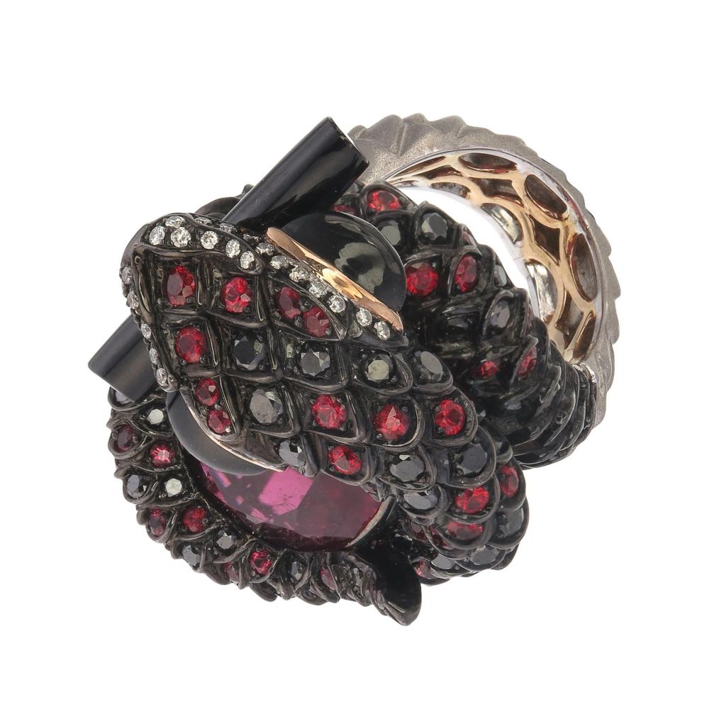 Zorab Creation Elegance Meets Serpent Embraced in 22.38 Carat Rubellite Ring  In New Condition For Sale In San Diego, CA