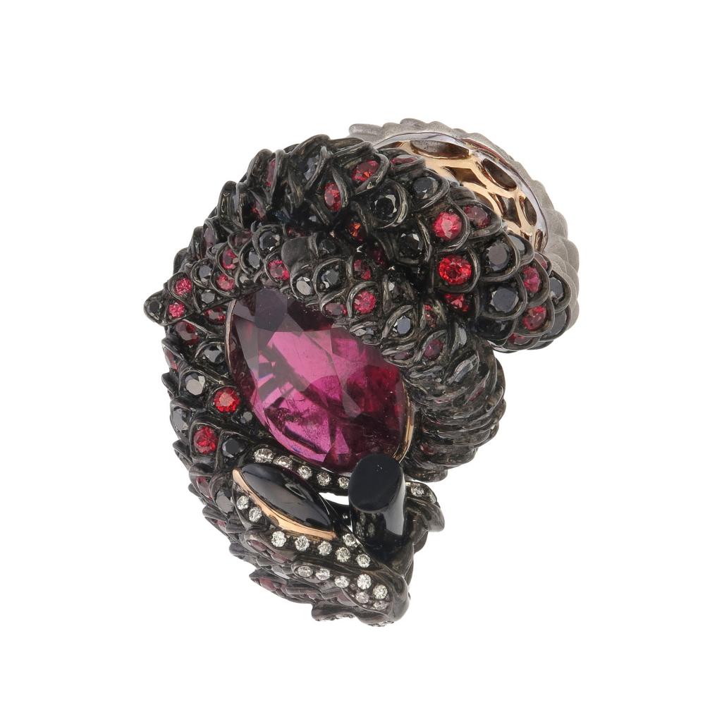 Women's or Men's Zorab Creation Elegance Meets Serpent Embraced in 22.38 Carat Rubellite Ring  For Sale