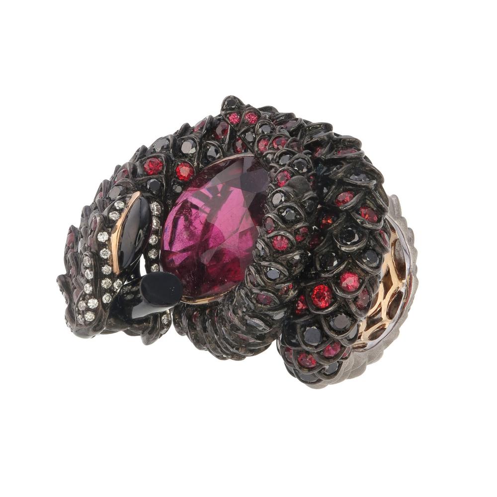 Zorab Creation Elegance Meets Serpent Embraced in 22.38 Carat Rubellite Ring  For Sale 1