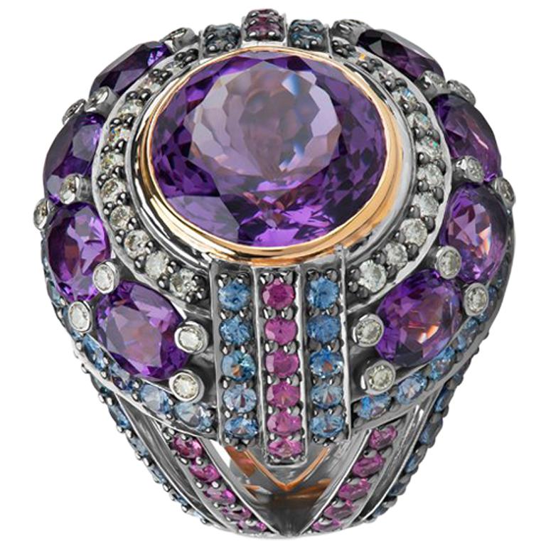 Zorab Creation Empire State Amethyst Pink Sapphire Diamond Blue Sapphire Ring 