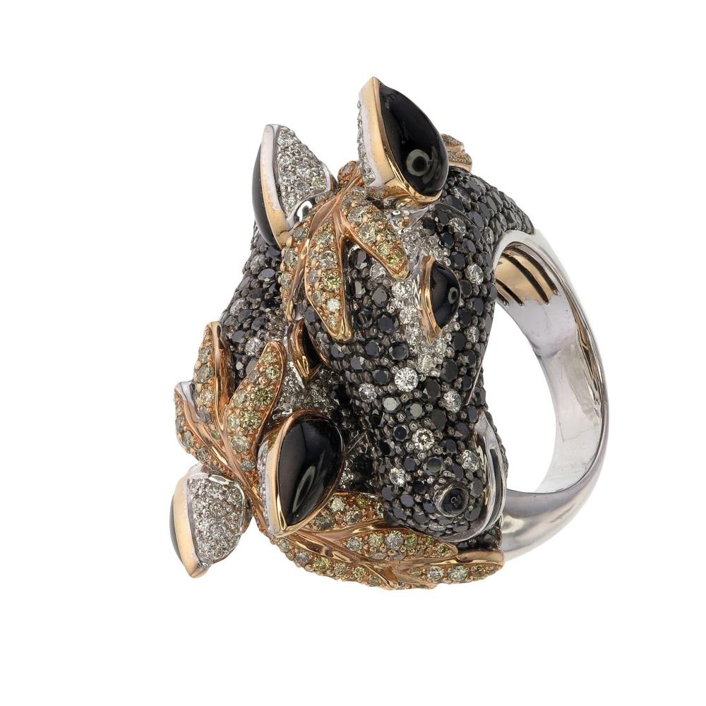 Aesthetic Movement Zorab Creation Exquisite Two Faced Horse Ring in 10.22 Carats Of Fancy Diamonds For Sale