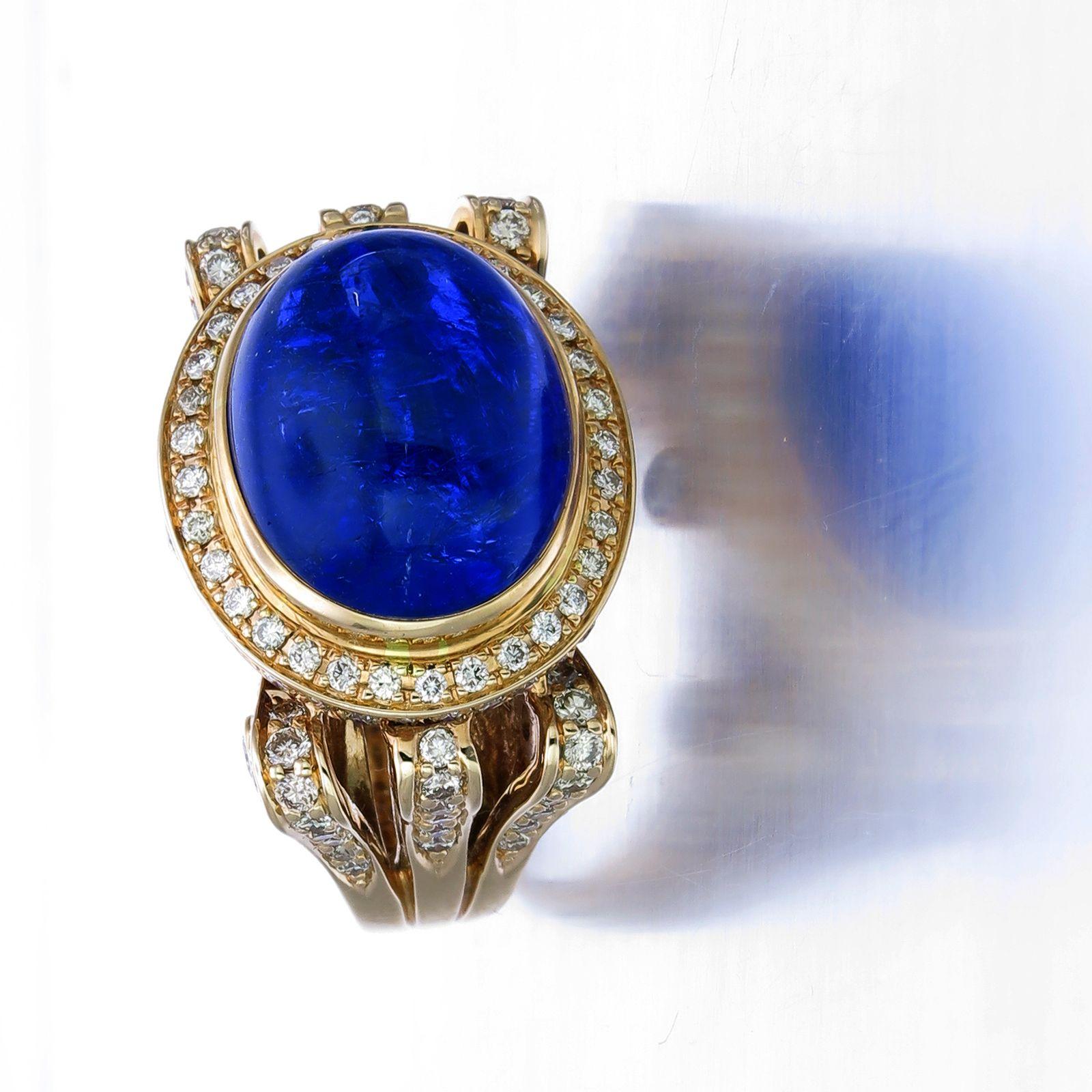 Art Nouveau Zorab Creation-Liquid Blue 14.30 Carat Tanzanite and Diamond Ring For Sale