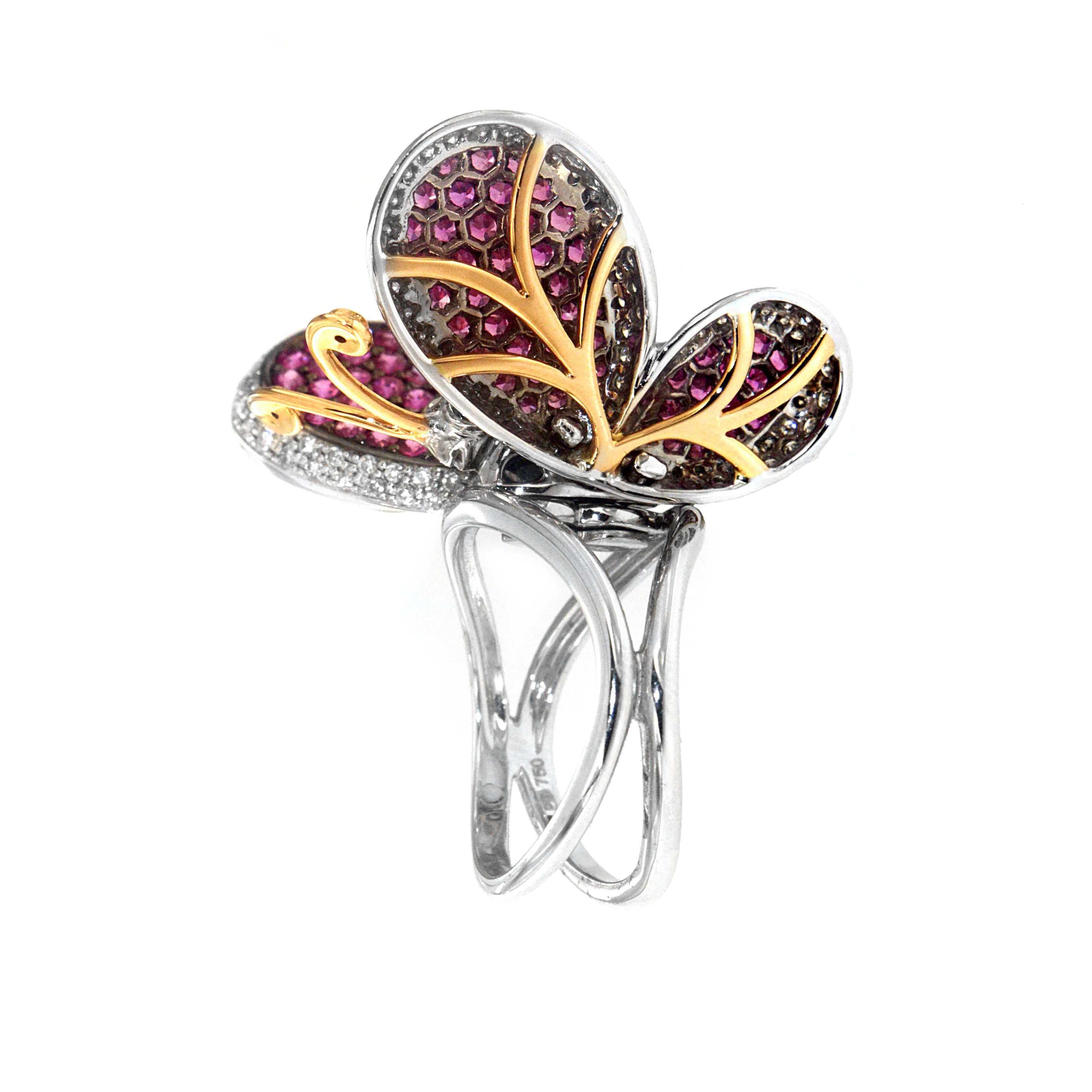 Taille ronde Zorab Creation, bague papillon en saphir rose et diamants en vente