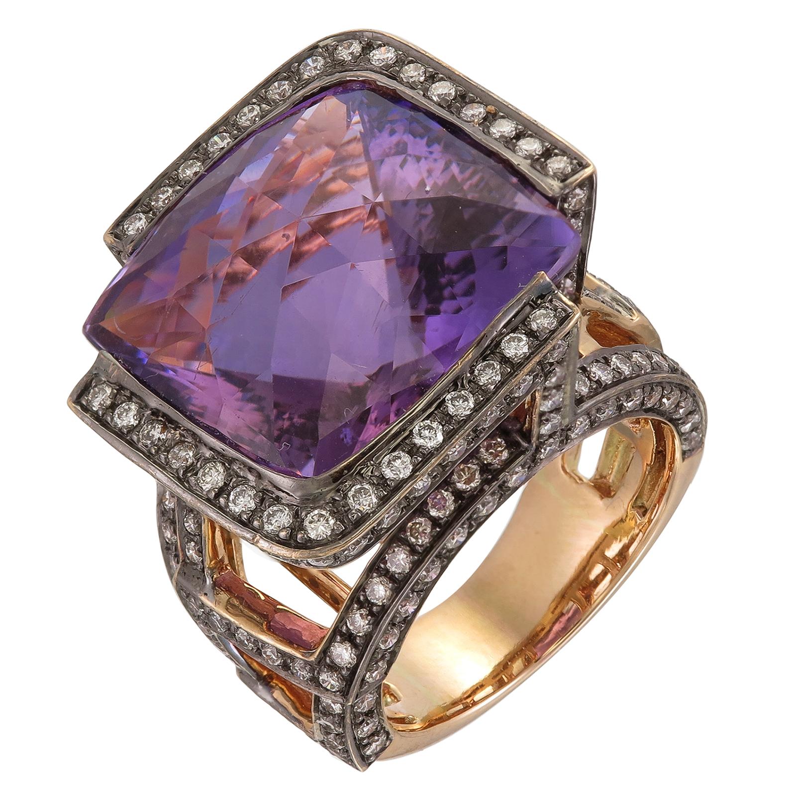 An exceptional 20.13-carat amethyst with a rare cut appears like rock star on an 18K ring with about 200 rounds diamonds. 

This ring, as with all Zorab Creation pieces, are sent with a unique serial number to validate its authenticity. 

Ring Size