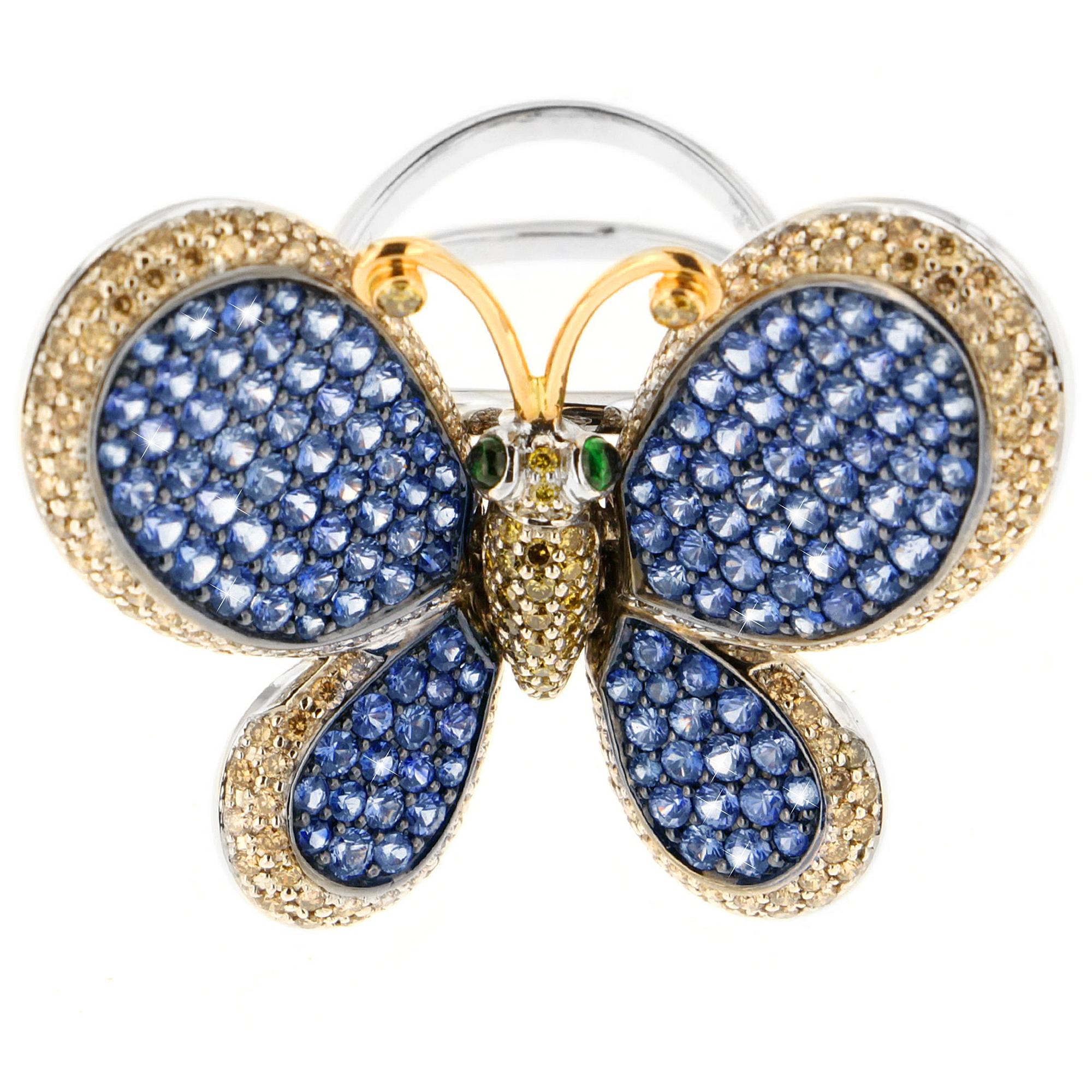 Zorab Creation Blauer Saphir Diamant Schmetterlings-Cocktailring (Rundschliff) im Angebot