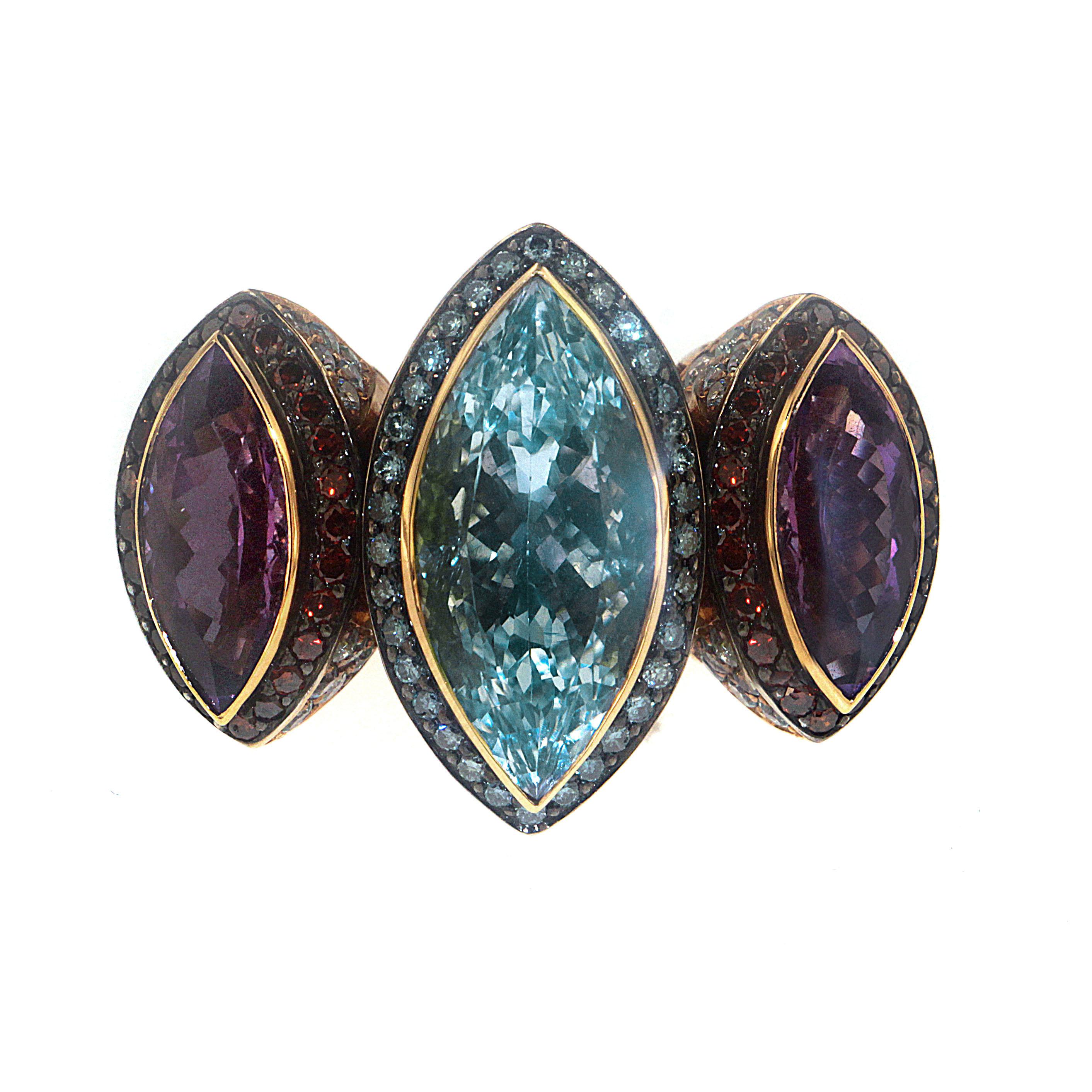 Egyptian Revival Zorab Creation, the Jezebel Marquis Amethyst and Blue Topaz Ring For Sale