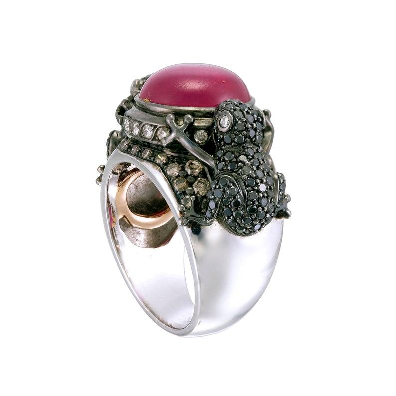 Art Nouveau Zorab Creation Twin Frogs Designer Ring in Ruby, White, Black and Brown Diamonds For Sale