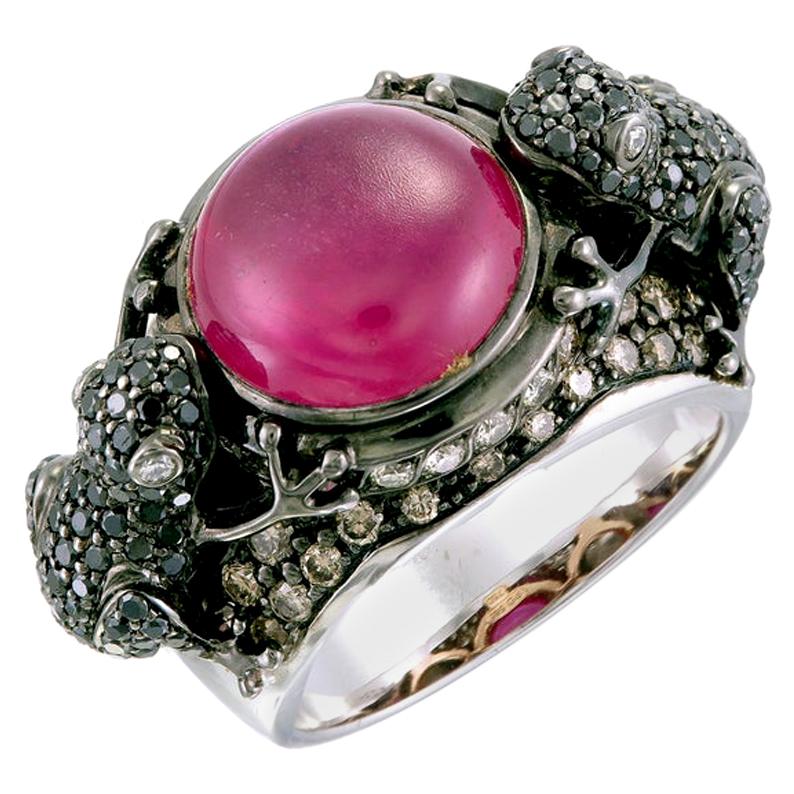 Zorab Creation, Designer-Ring mit zwei Fröschen in Rubin, weißen, schwarzen und braunen Diamanten