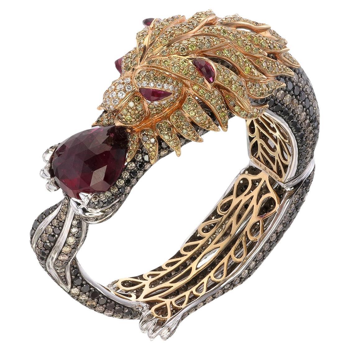 Zorab Creation’s 19.66-Ct Rubellite Stout-hearted Lion Bangle  For Sale