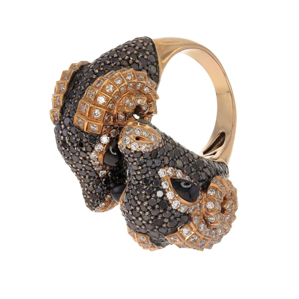 Aesthetic Movement Zorab Creation’s 7.72-Carat Black Diamond Tenacious Two-Faced Rams Ring For Sale