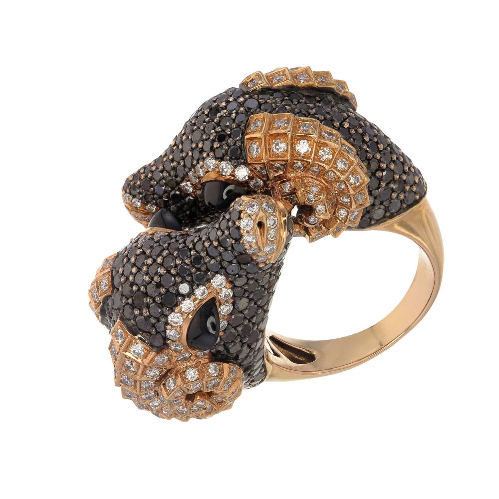 Round Cut Zorab Creation’s 7.72-Carat Black Diamond Tenacious Two-Faced Rams Ring For Sale