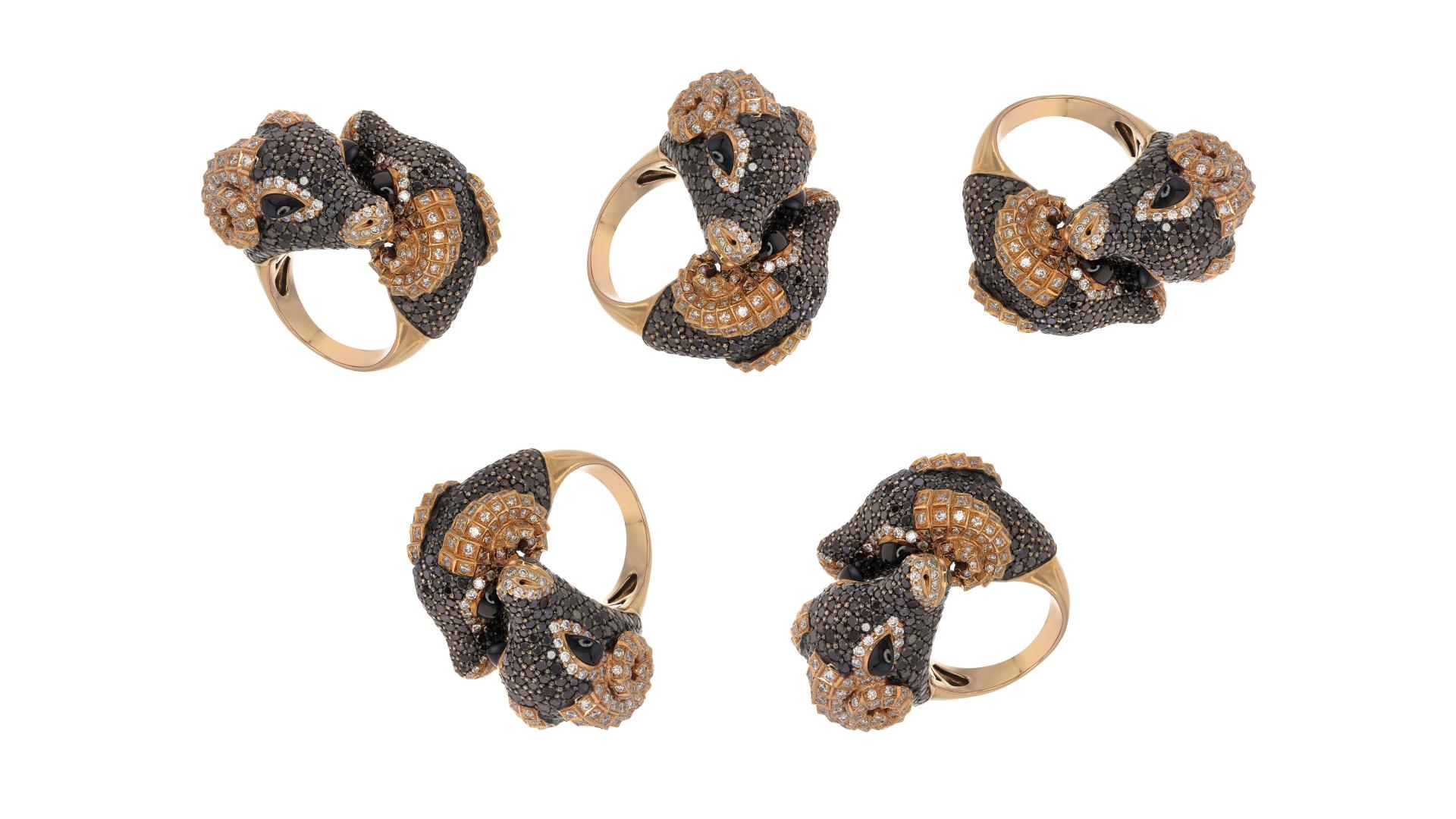 Zorab Creation’s 7.72-Carat Black Diamond Tenacious Two-Faced Rams Ring In New Condition For Sale In San Diego, CA