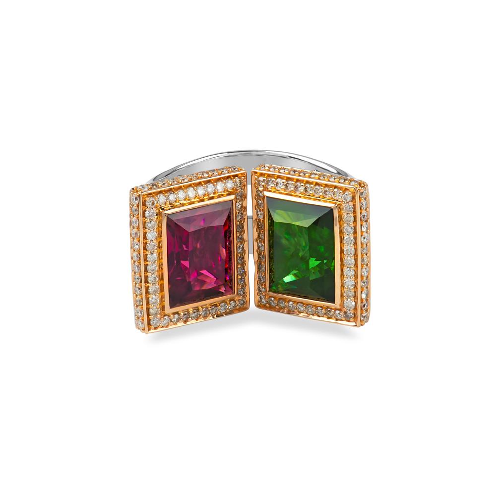 Emerald Cut Zorab Creations Pink and Green Tourmaline Bi-Fold Cocktail Ring For Sale