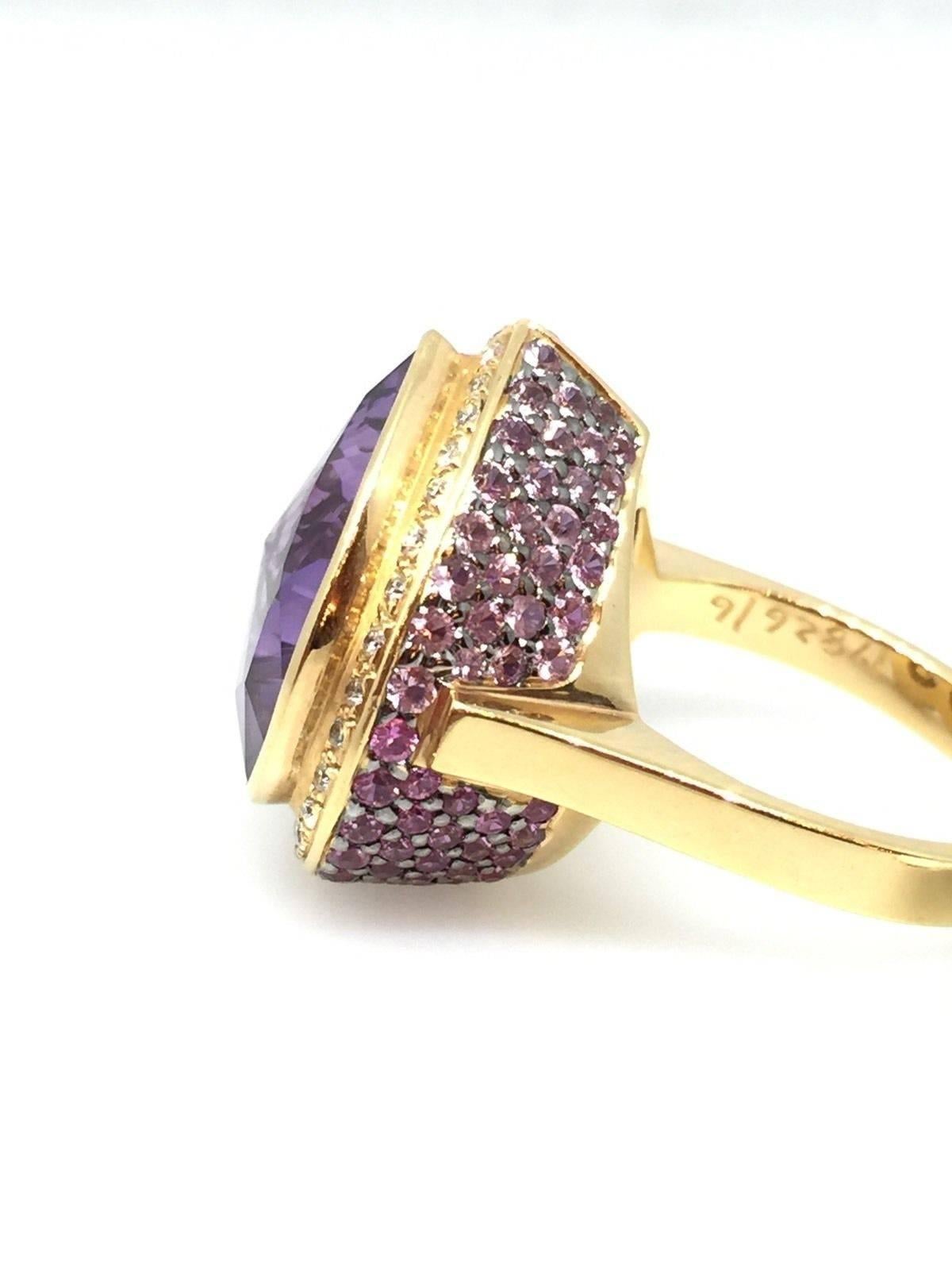 Contemporary Zorab Heart Amethyst and Multi-Gem Ring in 18 Karat Yellow Gold For Sale