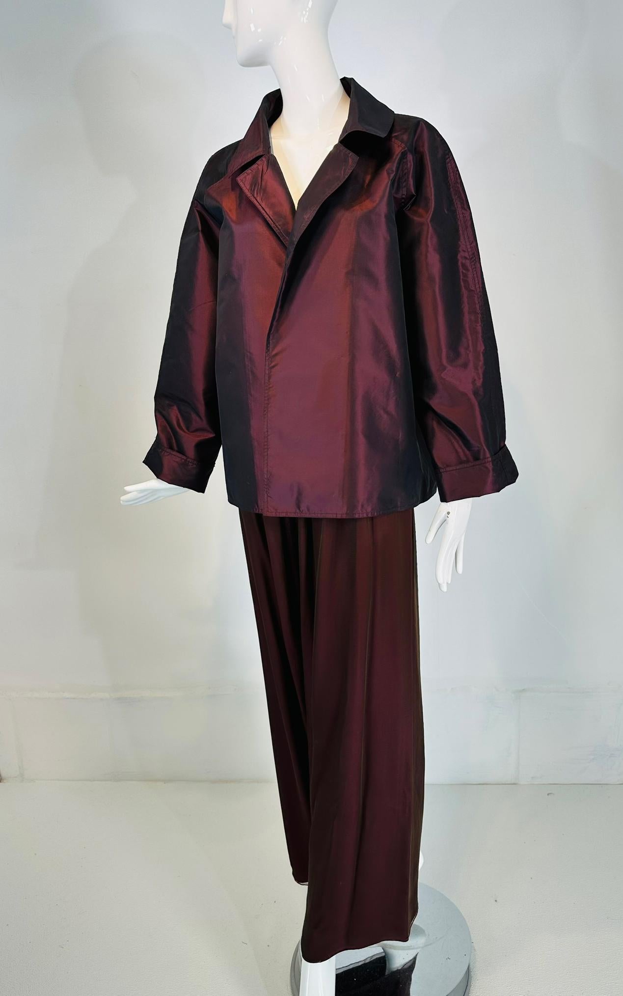 Zoran 2pc. Raisin Paper Silk Taffeta & Shot Silk Chiffon Jacket & Pant Set For Sale 5