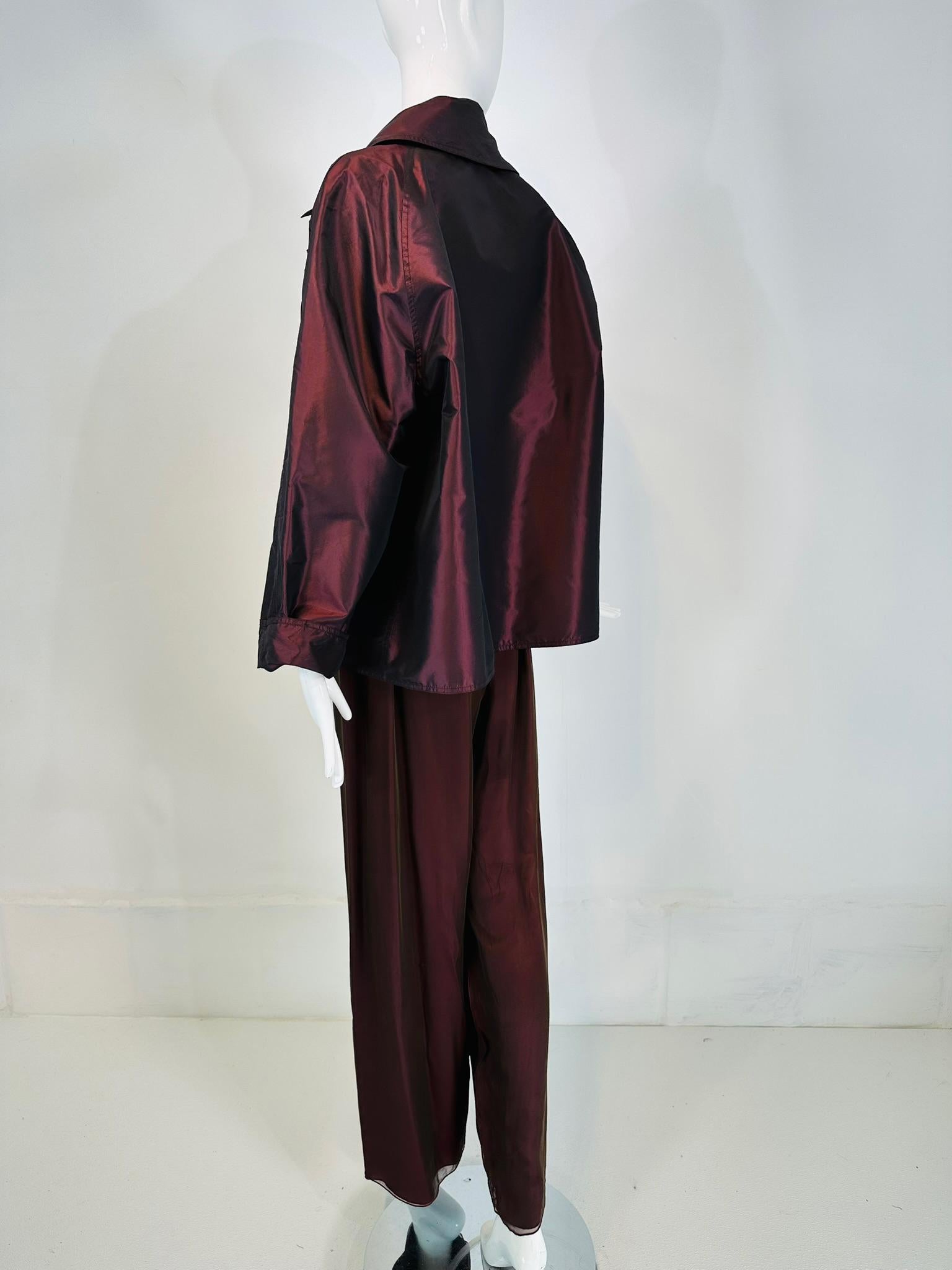 Zoran 2pc. Raisin Paper Silk Taffeta & Shot Silk Chiffon Jacket & Pant Set For Sale 6
