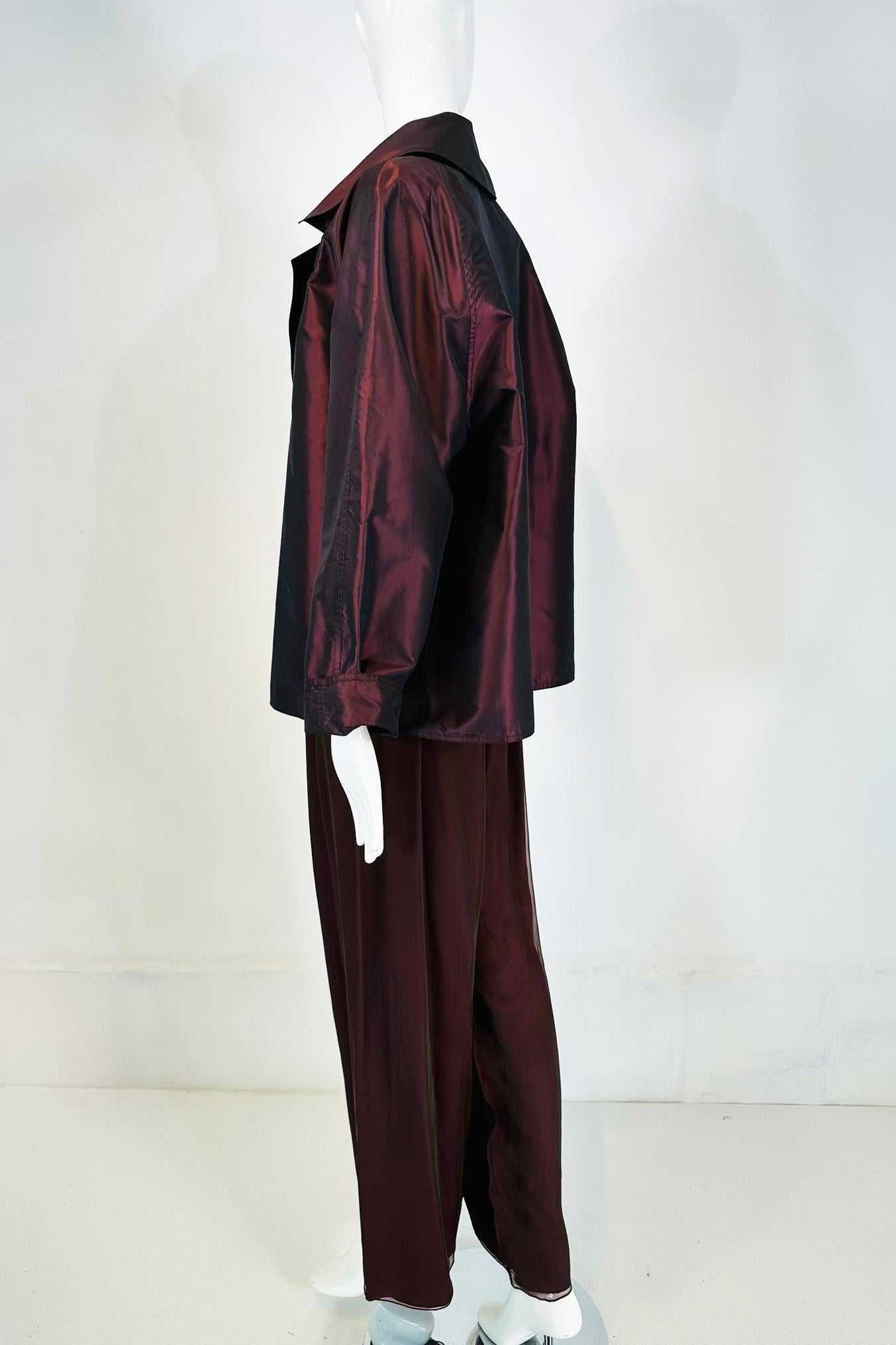 Zoran 2pc. Raisin Paper Silk Taffeta & Shot Silk Chiffon Jacket & Pant Set For Sale 7