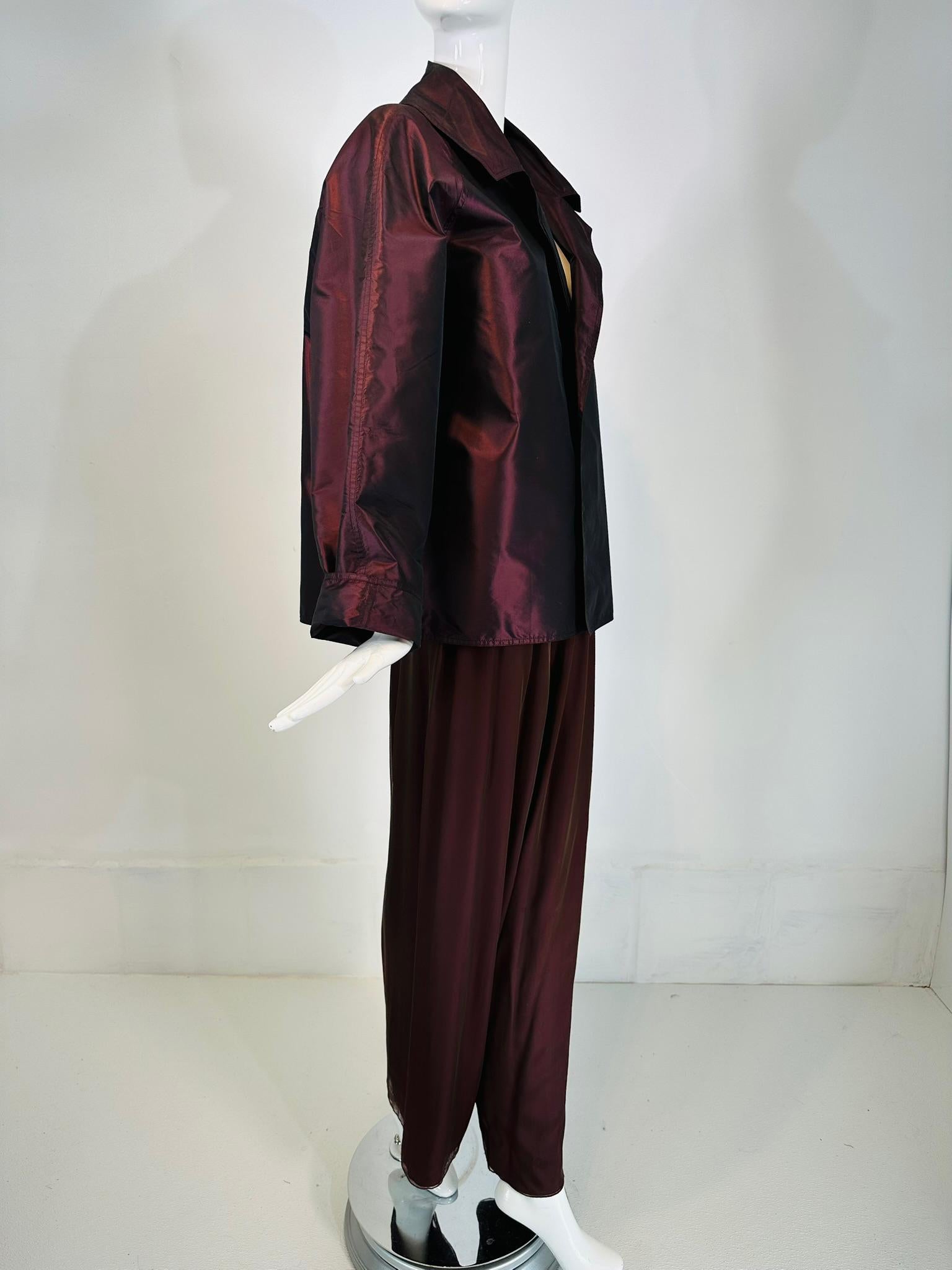 Black Zoran 2pc. Raisin Paper Silk Taffeta & Shot Silk Chiffon Jacket & Pant Set For Sale