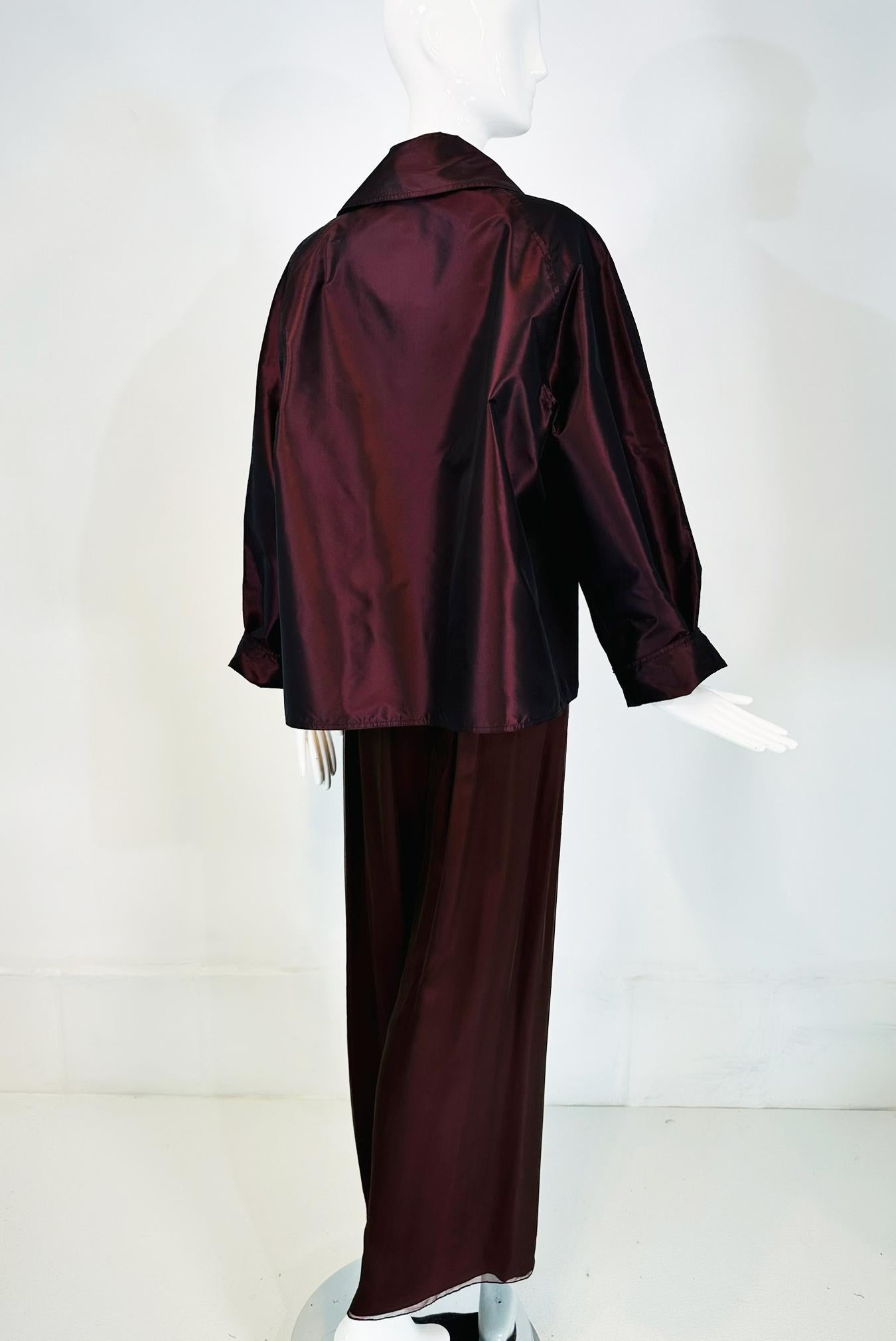 Women's Zoran 2pc. Raisin Paper Silk Taffeta & Shot Silk Chiffon Jacket & Pant Set For Sale