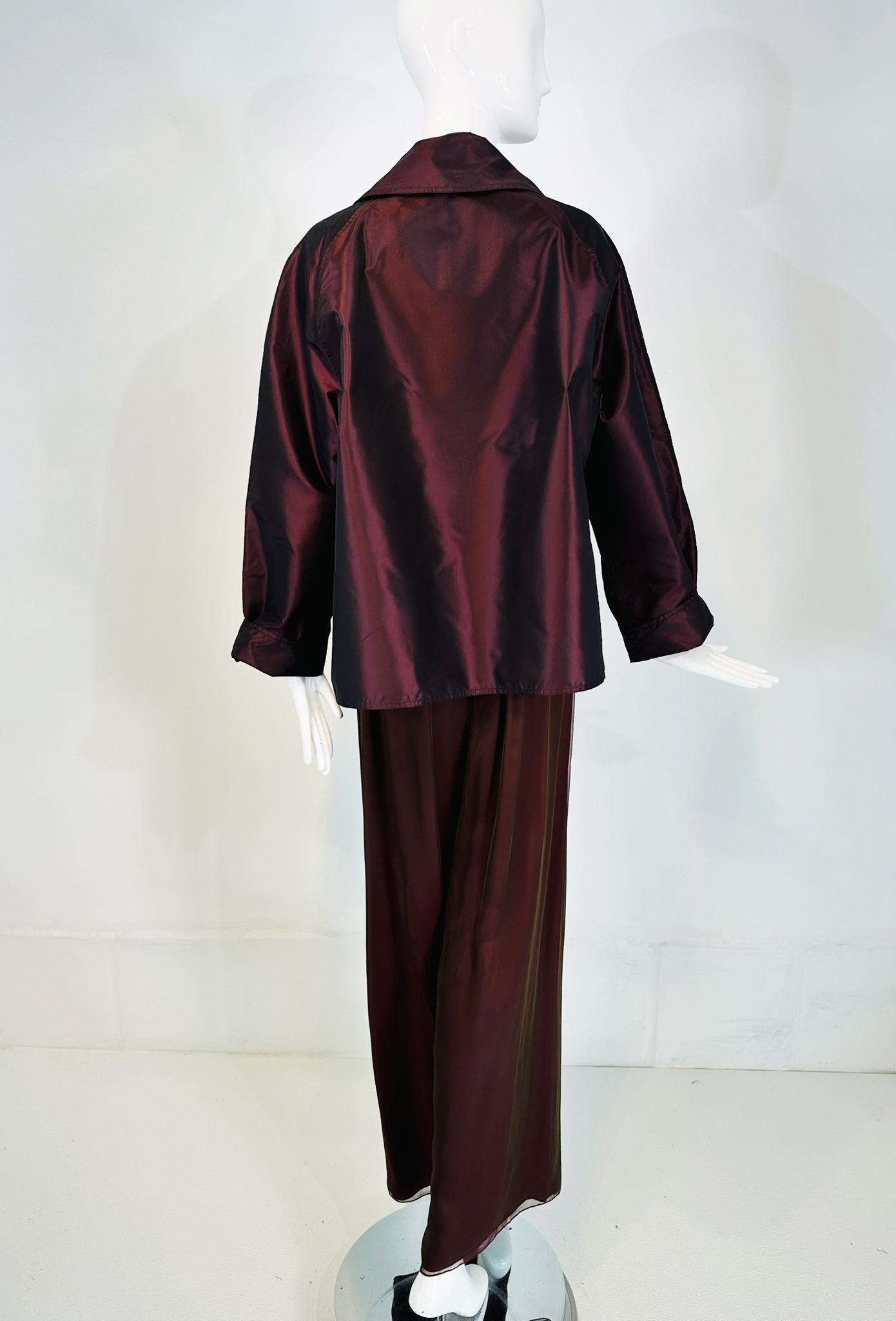 Zoran 2pc. Raisin Paper Silk Taffeta & Shot Silk Chiffon Jacket & Pant Set For Sale 1
