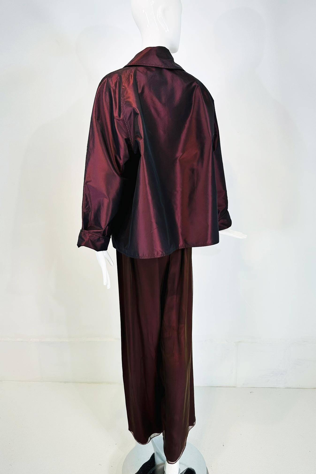 Zoran 2pc. Raisin Paper Silk Taffeta & Shot Silk Chiffon Jacket & Pant Set For Sale 2