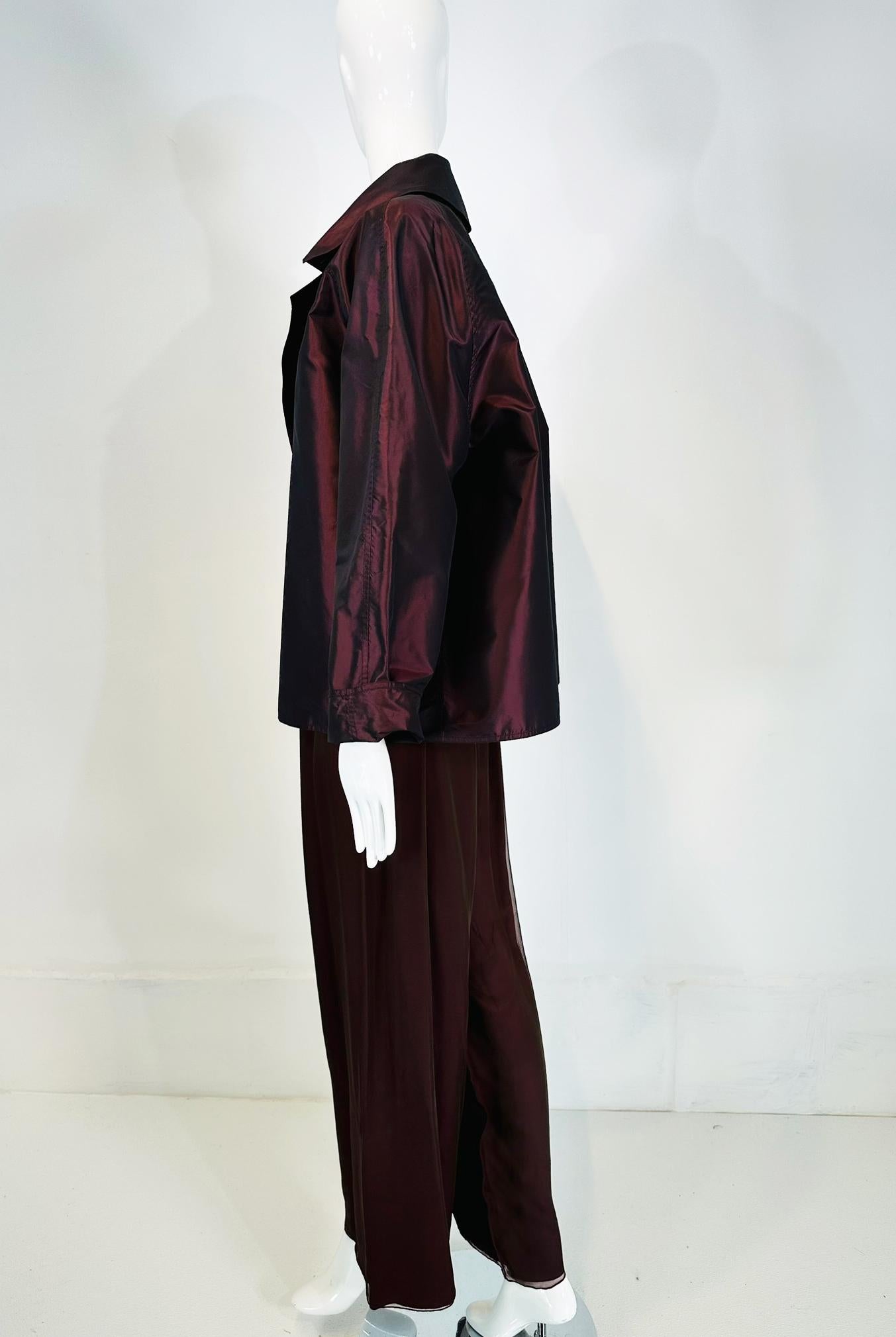 Zoran 2pc. Raisin Paper Silk Taffeta & Shot Silk Chiffon Jacket & Pant Set For Sale 3