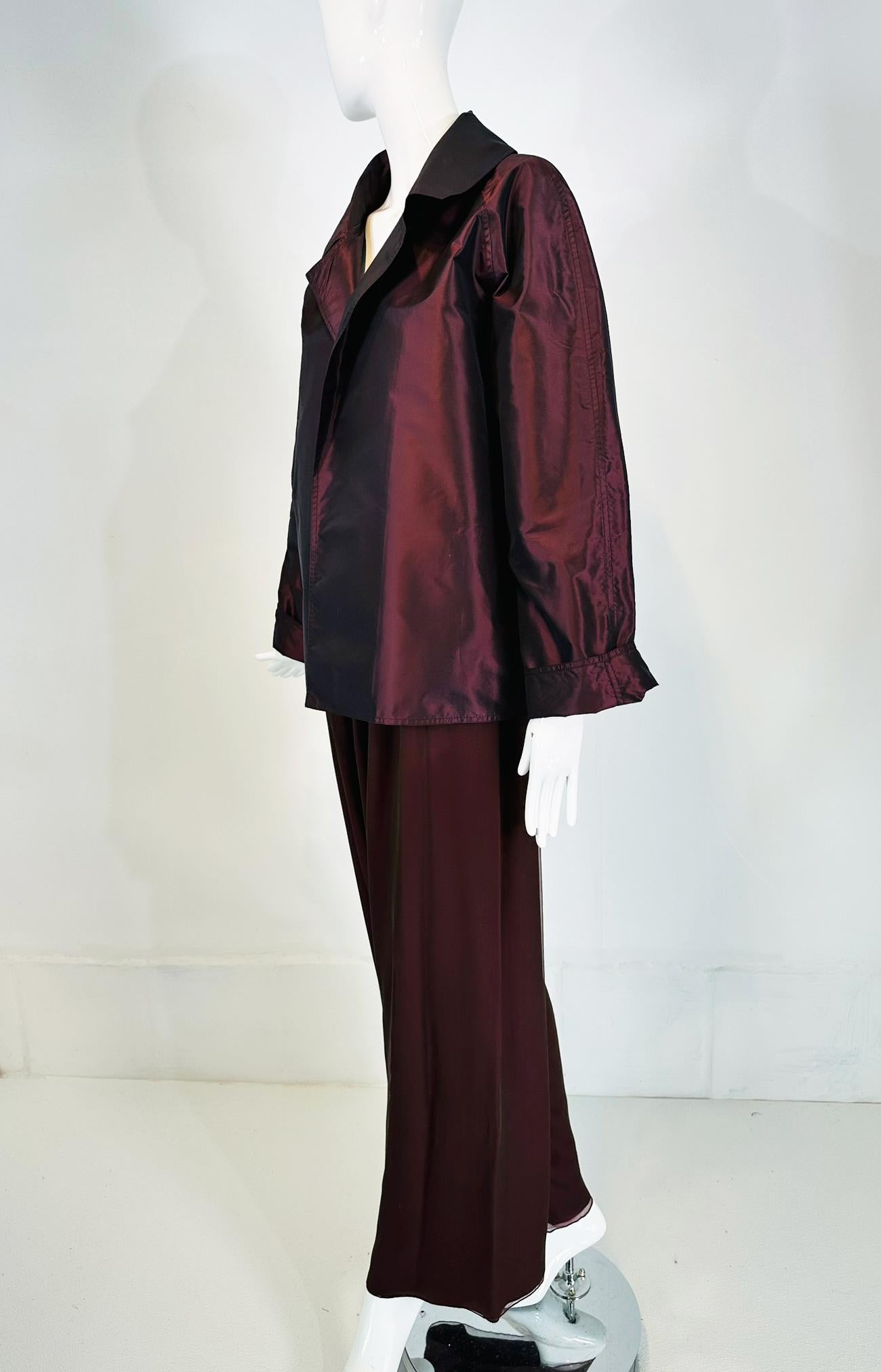 Zoran 2pc. Raisin Paper Silk Taffeta & Shot Silk Chiffon Jacket & Pant Set For Sale 4