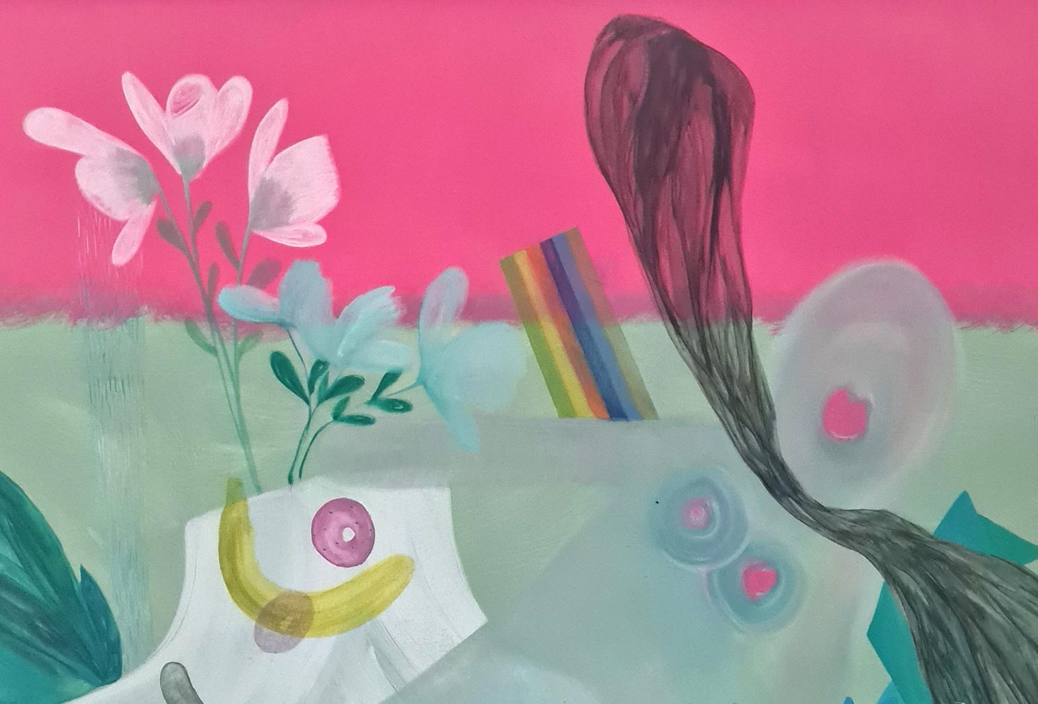 Haben Puppen Emotionen? (#1) von Zoran Šimunović - Großes buntes Gemälde, rosa im Angebot 6