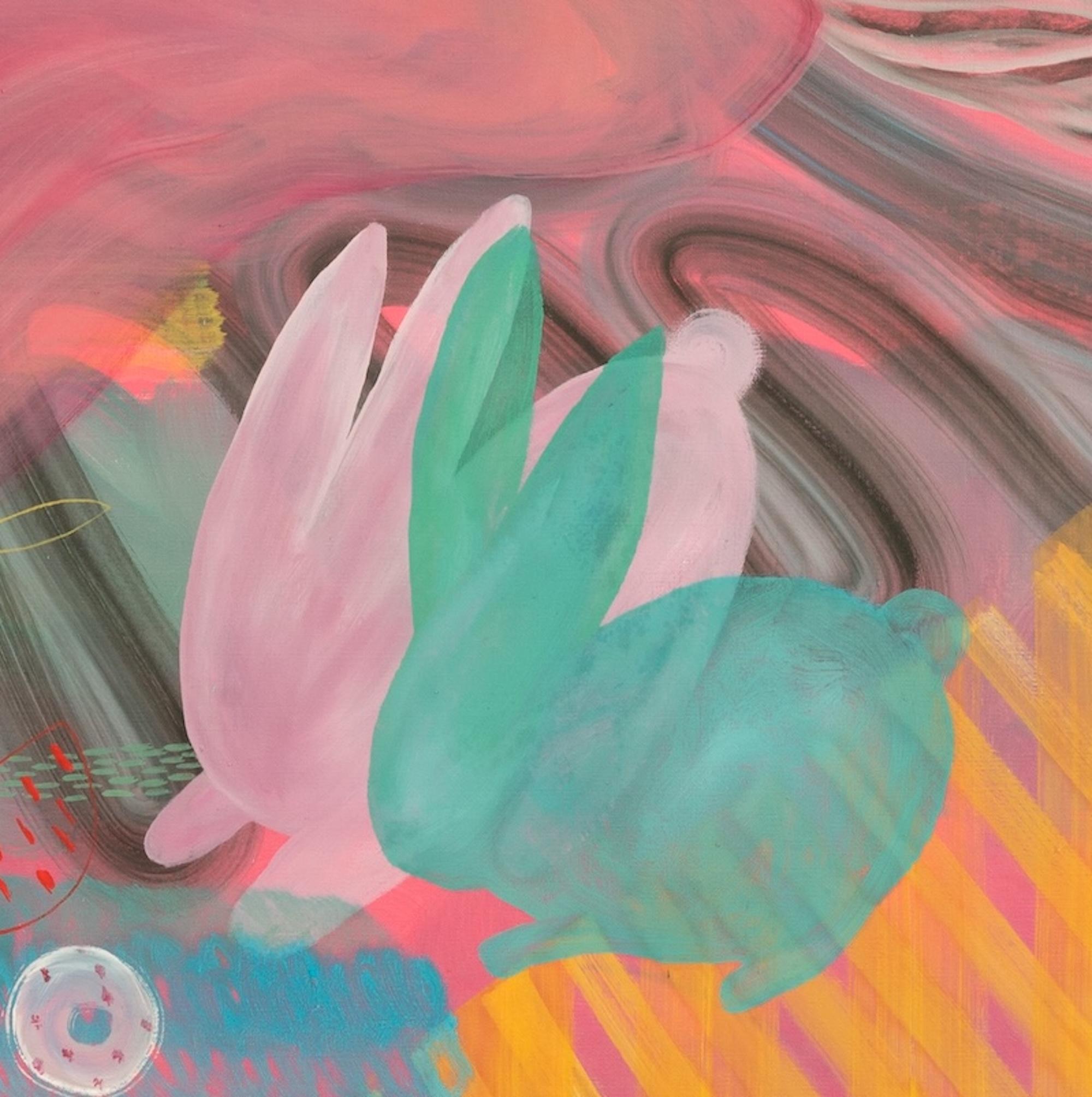 Gärten II von Zoran Šimunović - Großformatiges Gemälde, rosa, lebhafte Farben im Angebot 1