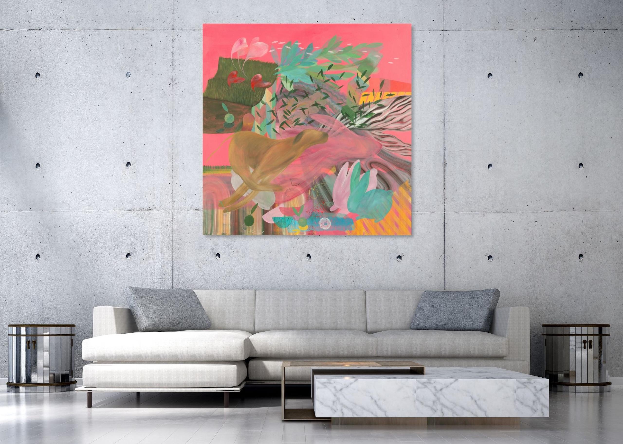 Gärten II von Zoran Šimunović - Großformatiges Gemälde, rosa, lebhafte Farben im Angebot 4