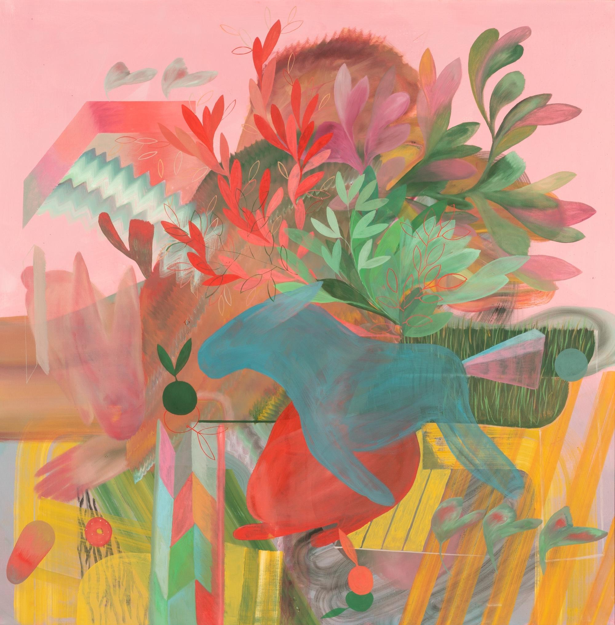 Gärten V von Zoran Šimunović - Großformatiges Gemälde, rosa, leuchtende Farben