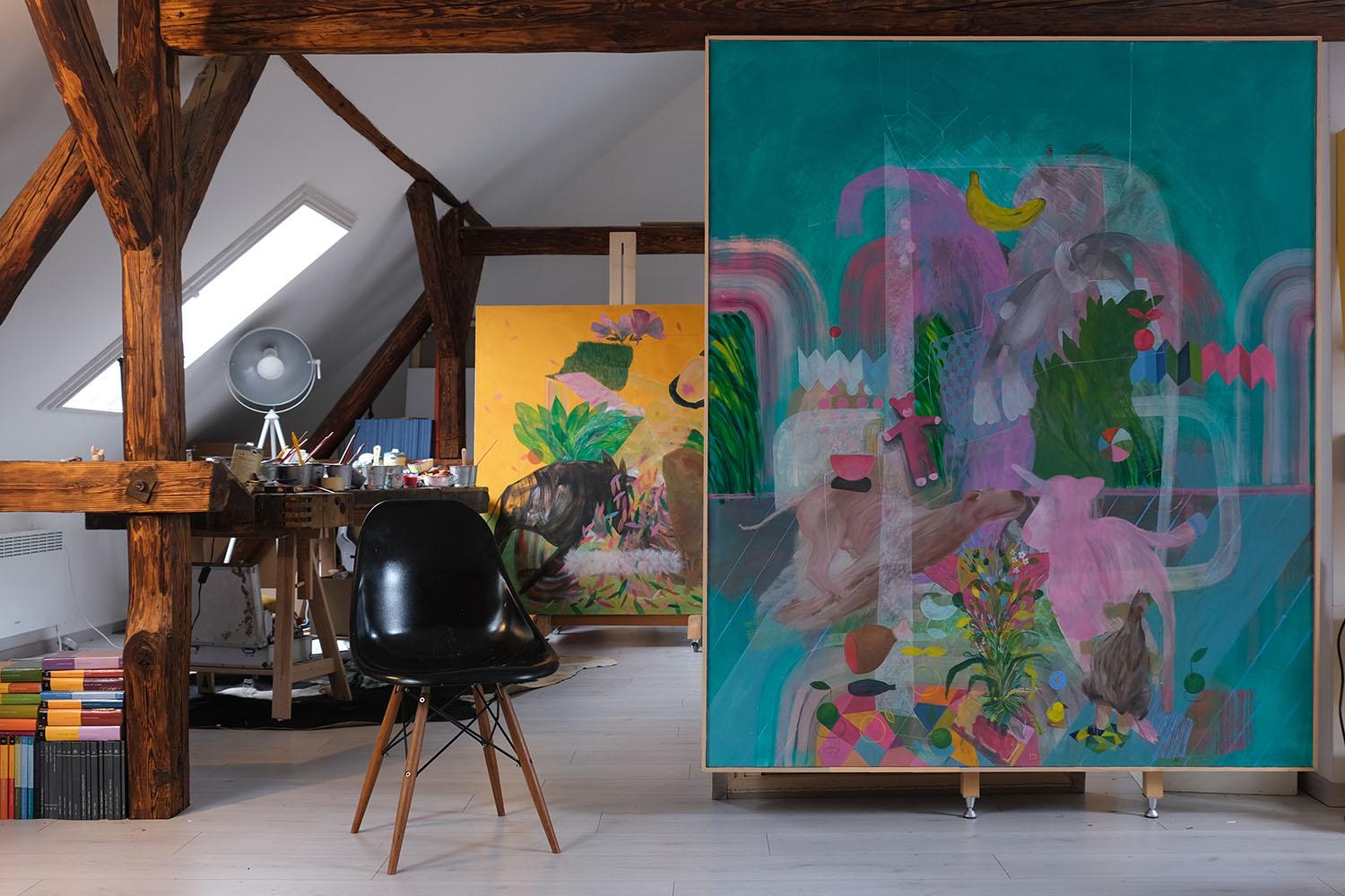 GROWING UP (#1) by Zoran Šimunović -Large framed painting, bright colours, green For Sale 1