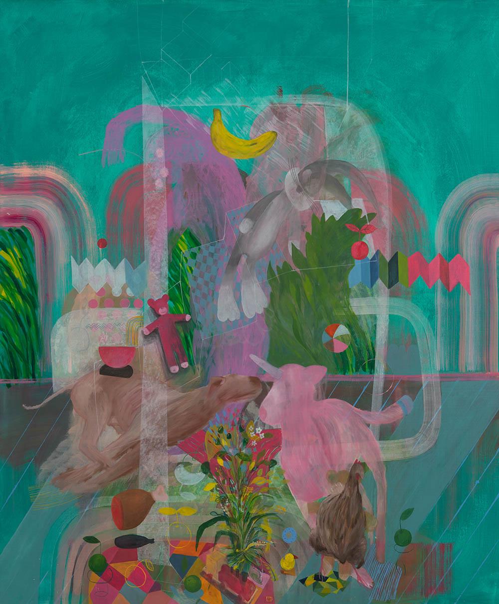 GROWING UP (#1) by Zoran Šimunović -Large framed painting, bright colours, green