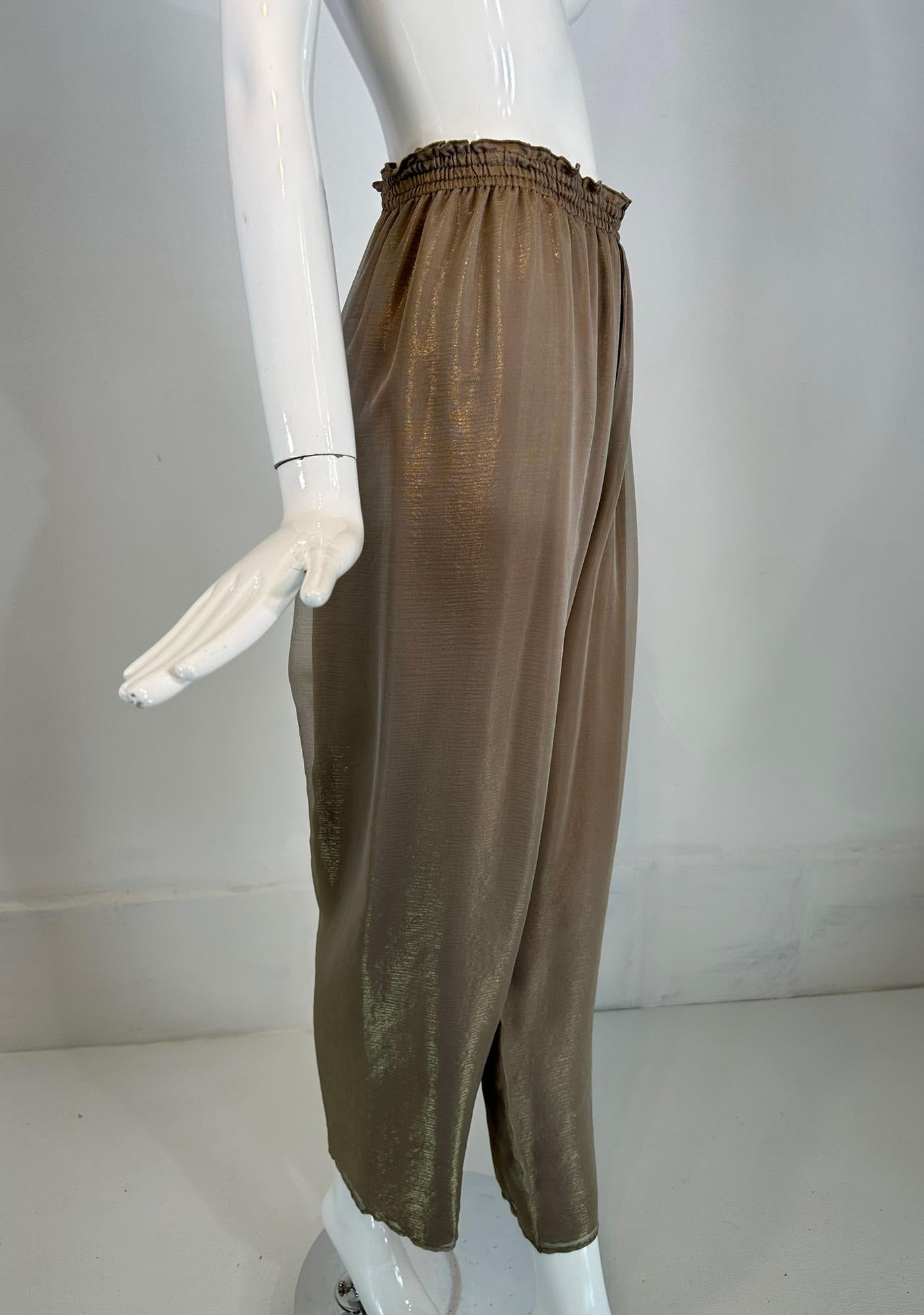 Zoran Vintage Bronze Gold Metallic Transparente, mehrlagige, breites Bein-Hose mit weitem Bein aus Seide (Grau) im Angebot