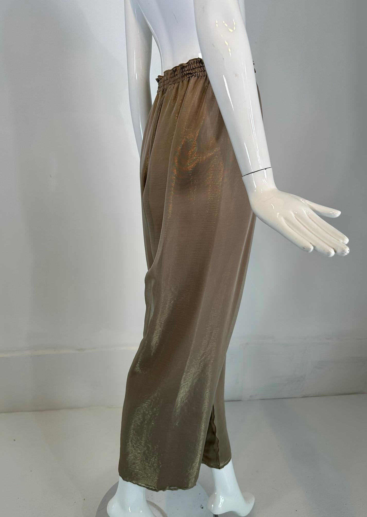 Zoran Vintage Bronze Gold Metallic Transparente, mehrlagige, breites Bein-Hose mit weitem Bein aus Seide Damen im Angebot