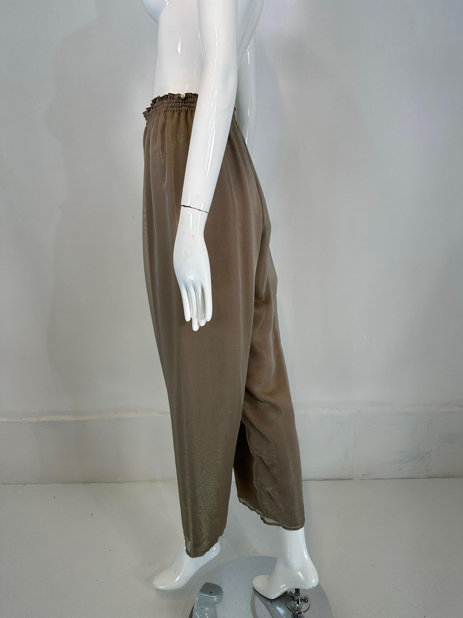 Zoran Vintage Bronze Gold Metallic Transparente, mehrlagige, breites Bein-Hose mit weitem Bein aus Seide im Angebot 4