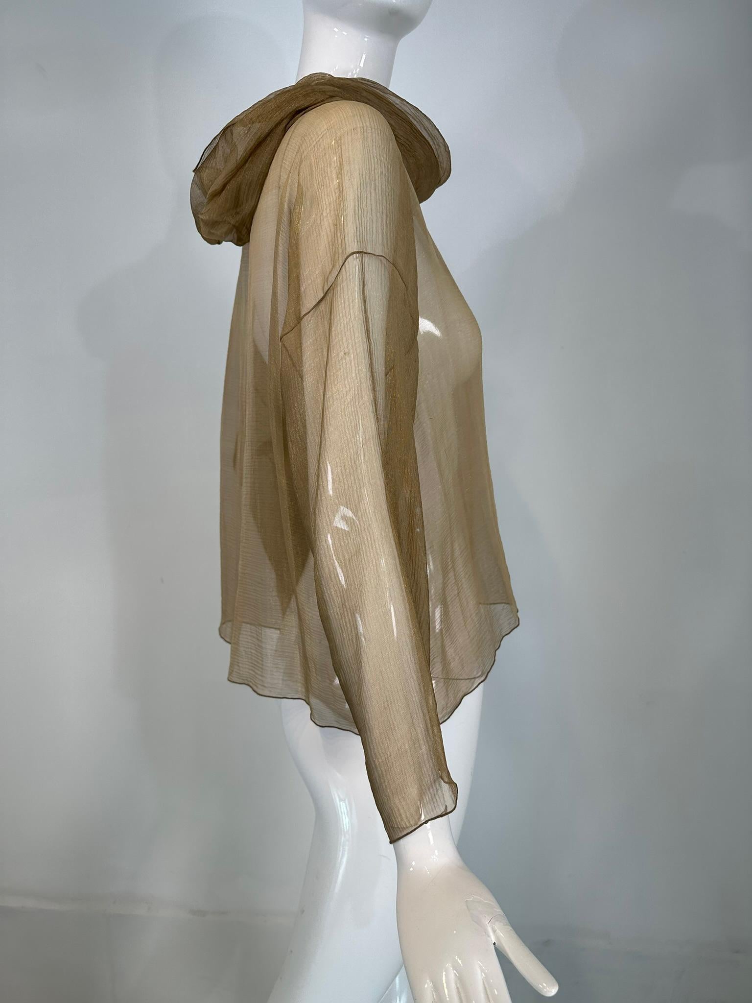 Zoran Vintage Gold Metallic Sheer Silk Draped Turtle Neck Long Sleeve Top For Sale 5