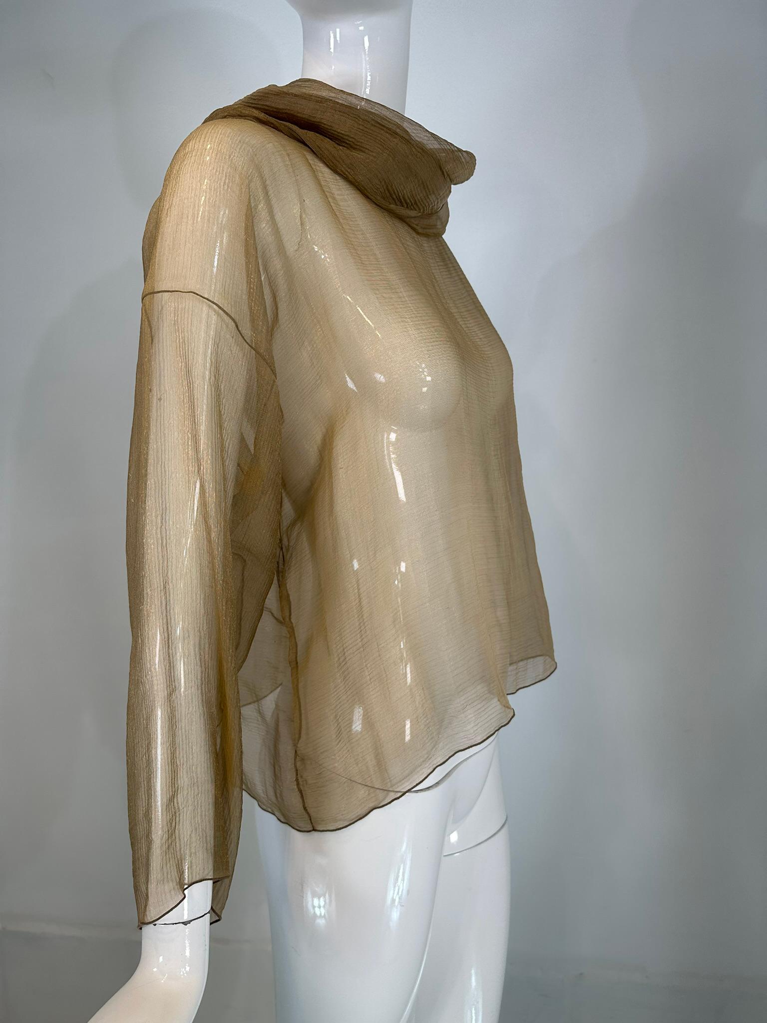 Zoran Vintage Gold Metallic Sheer Silk Draped Turtle Neck Long Sleeve Top For Sale 6