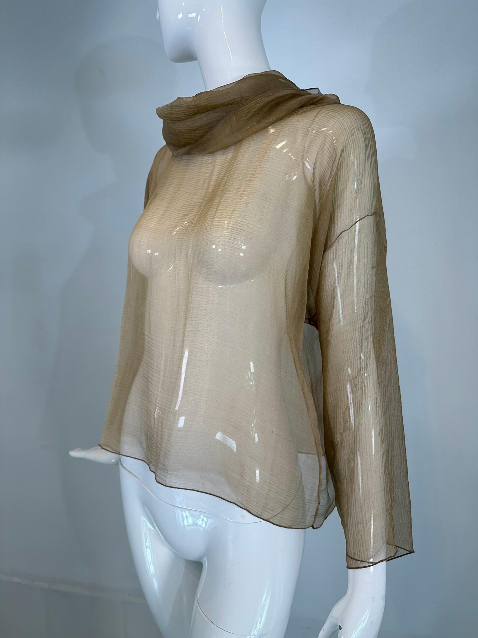 Zoran Vintage Gold Metallic Sheer Silk Draped Turtle Neck Long Sleeve Top In Good Condition For Sale In West Palm Beach, FL