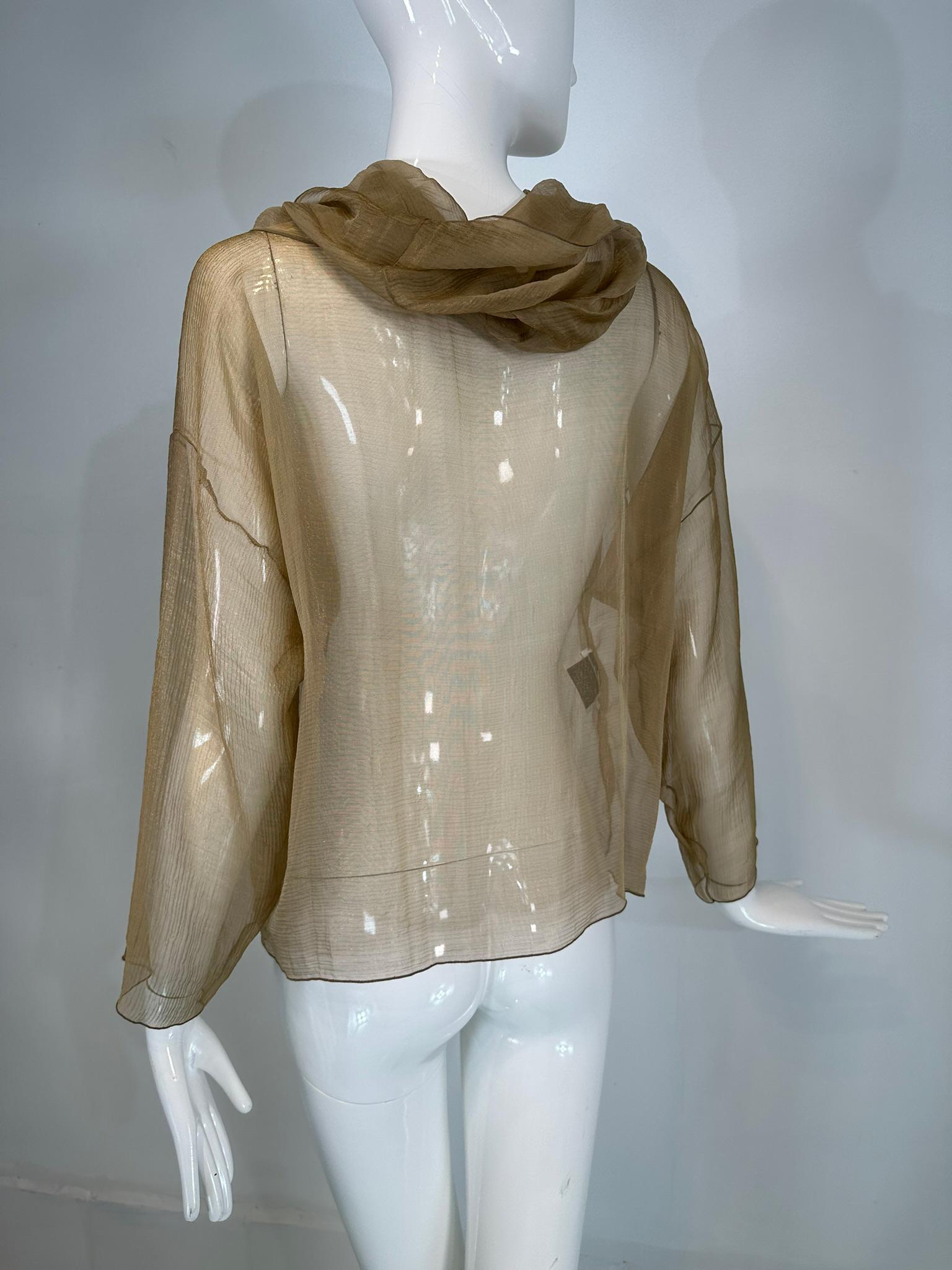 Zoran Vintage Gold Metallic Sheer Silk Draped Turtle Neck Long Sleeve Top For Sale 2